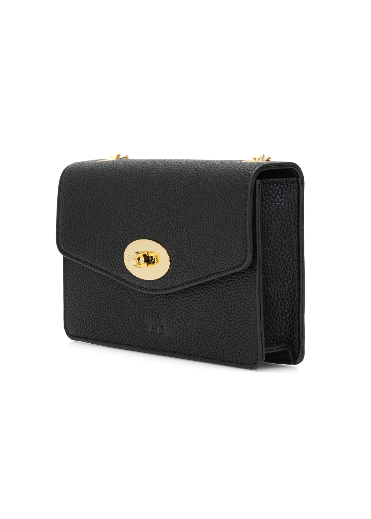 Čierna malá dámska kabelka TOREC-1141-9I(W26), diagonálny pohľad na produkt na bielom pozadí.