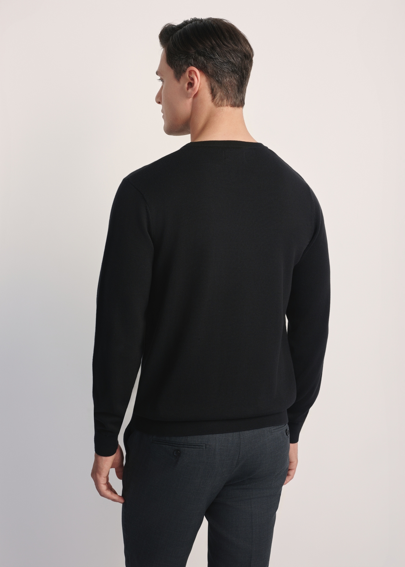 Čierny pánsky základný sveter SWEMT-0114A-99(Z24), pohľad na produkt zozadu na modeli, viditeľná polovica siluety.