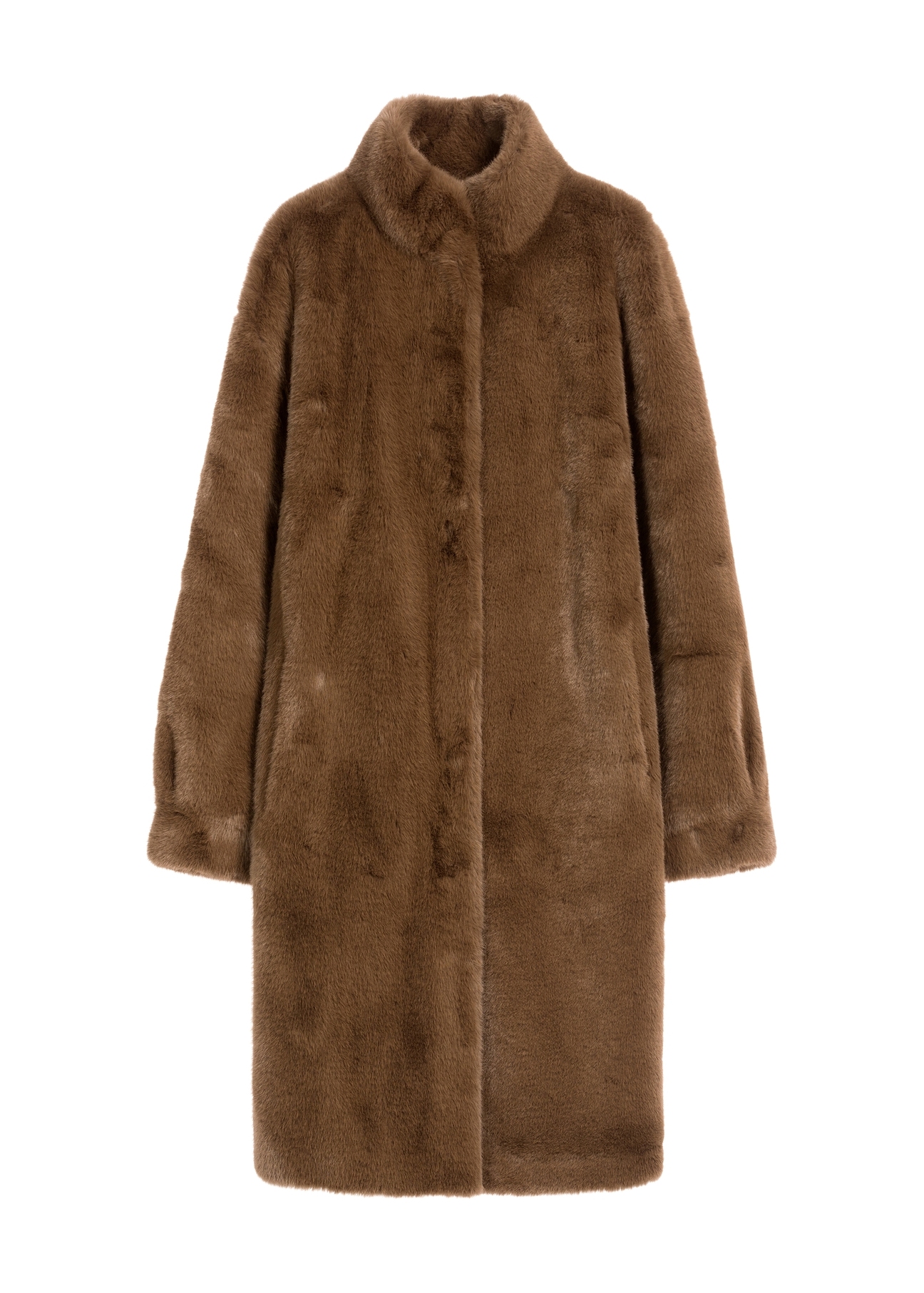 Hnedý elegantný dámsky kožuch FUTDP-0050-89(Z25), pohľad na produkt spredu na bielom pozadí.