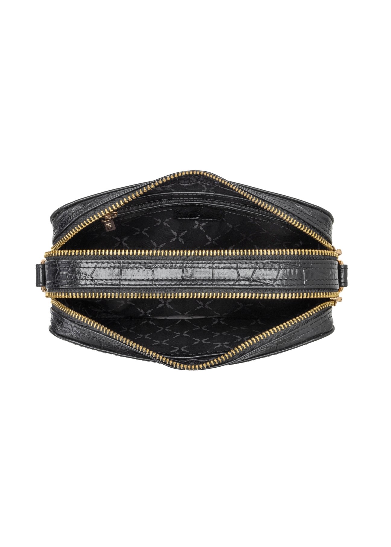 Malá čierna kožená kabelka s krokodílím vzorom TORES-1231-9G(W26) - pohľad na produkt zhora, na bielom pozadí.