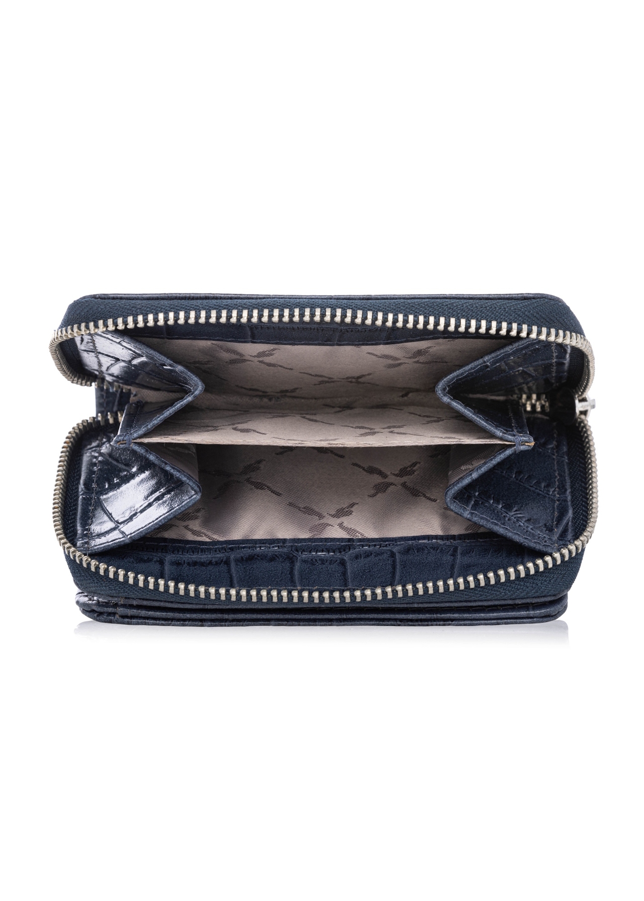 Dámska tmavomodrá peňaženka s krokodílím vzorom PORES-0888-7D(W26), pohľad na produkt vo vnútri na bielom pozadí.