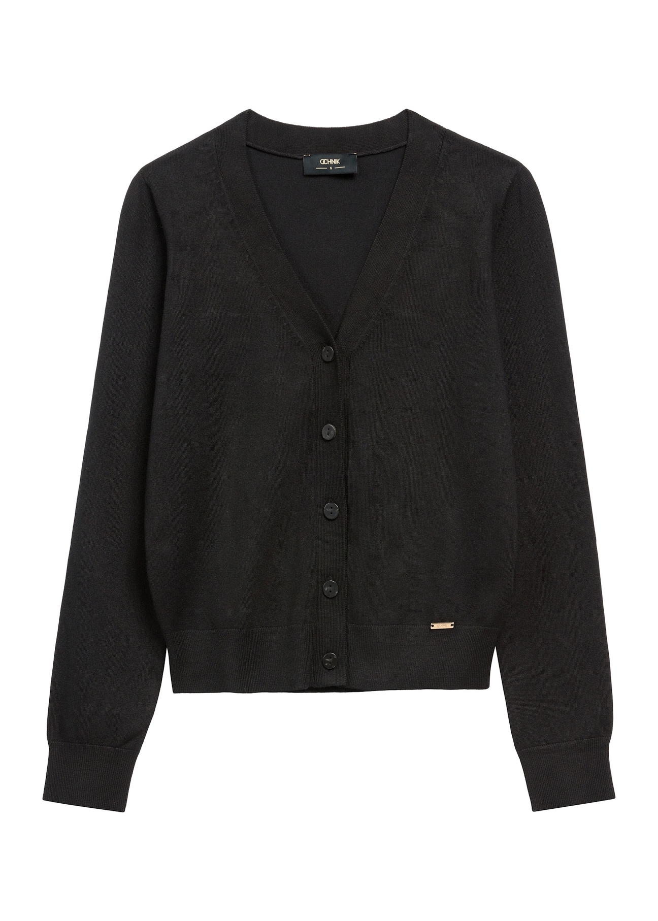 Čierny dámsky kardigan KARDT-0061-99(W26), pohľad spredu na bielom pozadí.