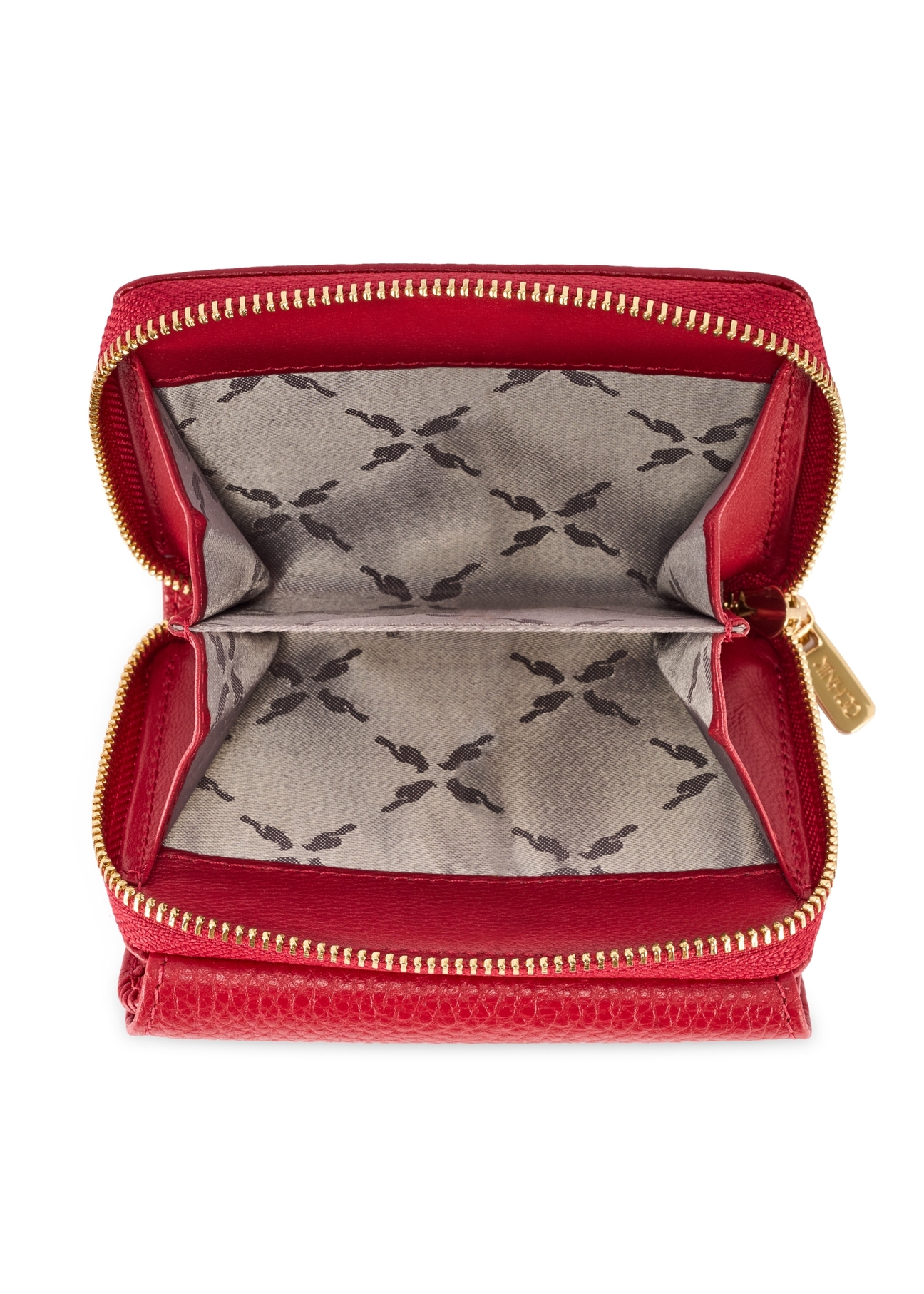 Malá dámska kožená peňaženka červenej farby PORES-0802R-4B(W26), pohľad na produkt vo vnútri na bielom pozadí.