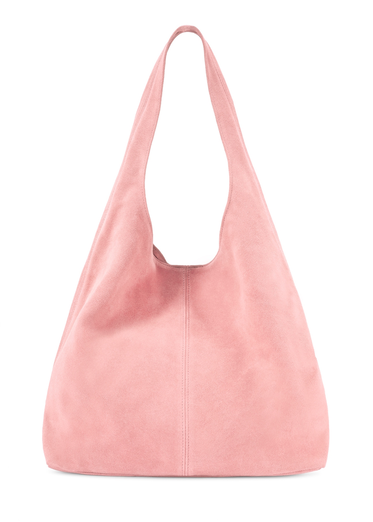 Dámska ružová semišová nákupná kabelka TORES-1177-5B(W26), pohľad zozadu na produkt na bielom pozadí.