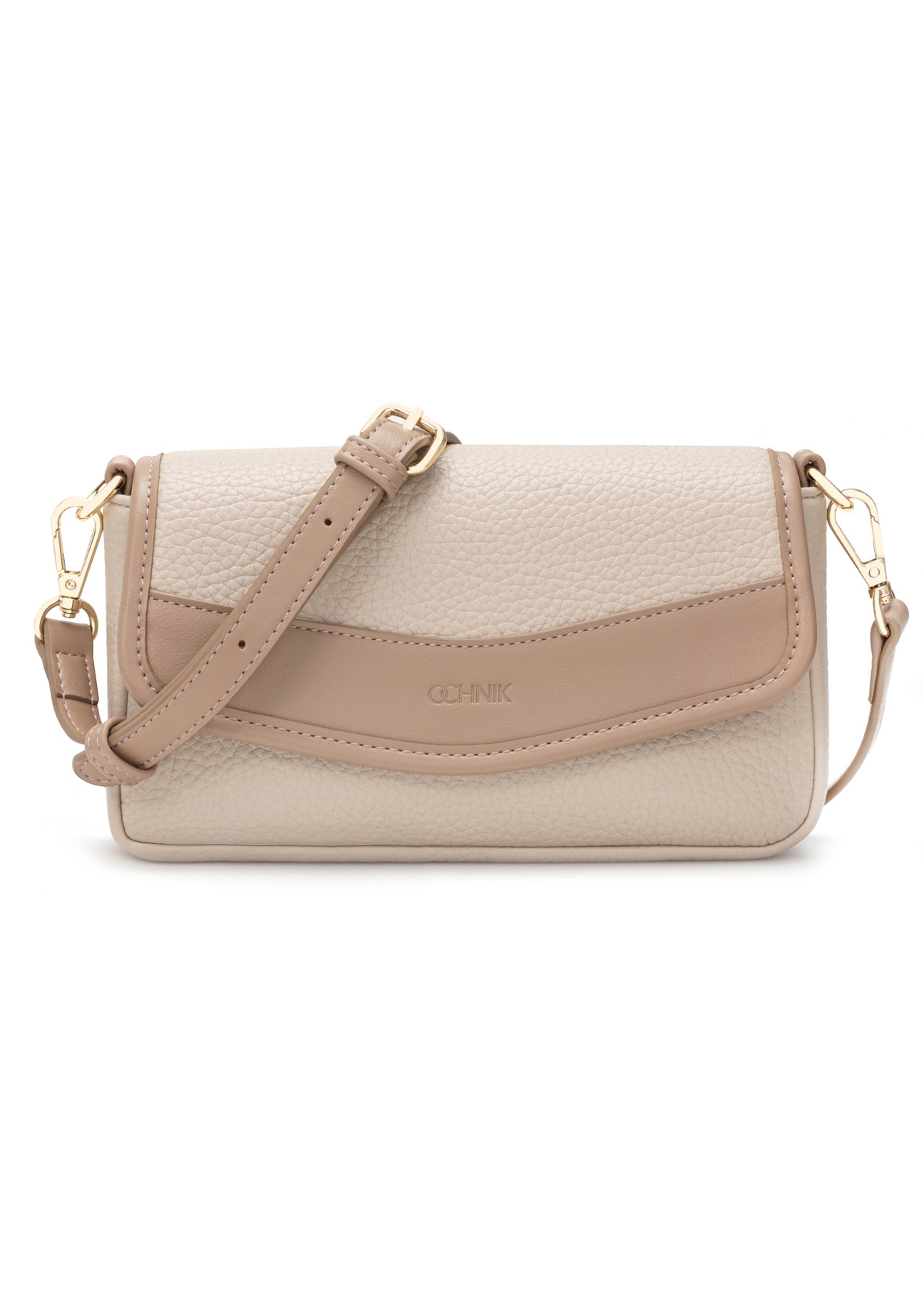 Malá béžová dámska kabelka TOREC-1163-1D(W26), pohľad spredu na bielom pozadí.