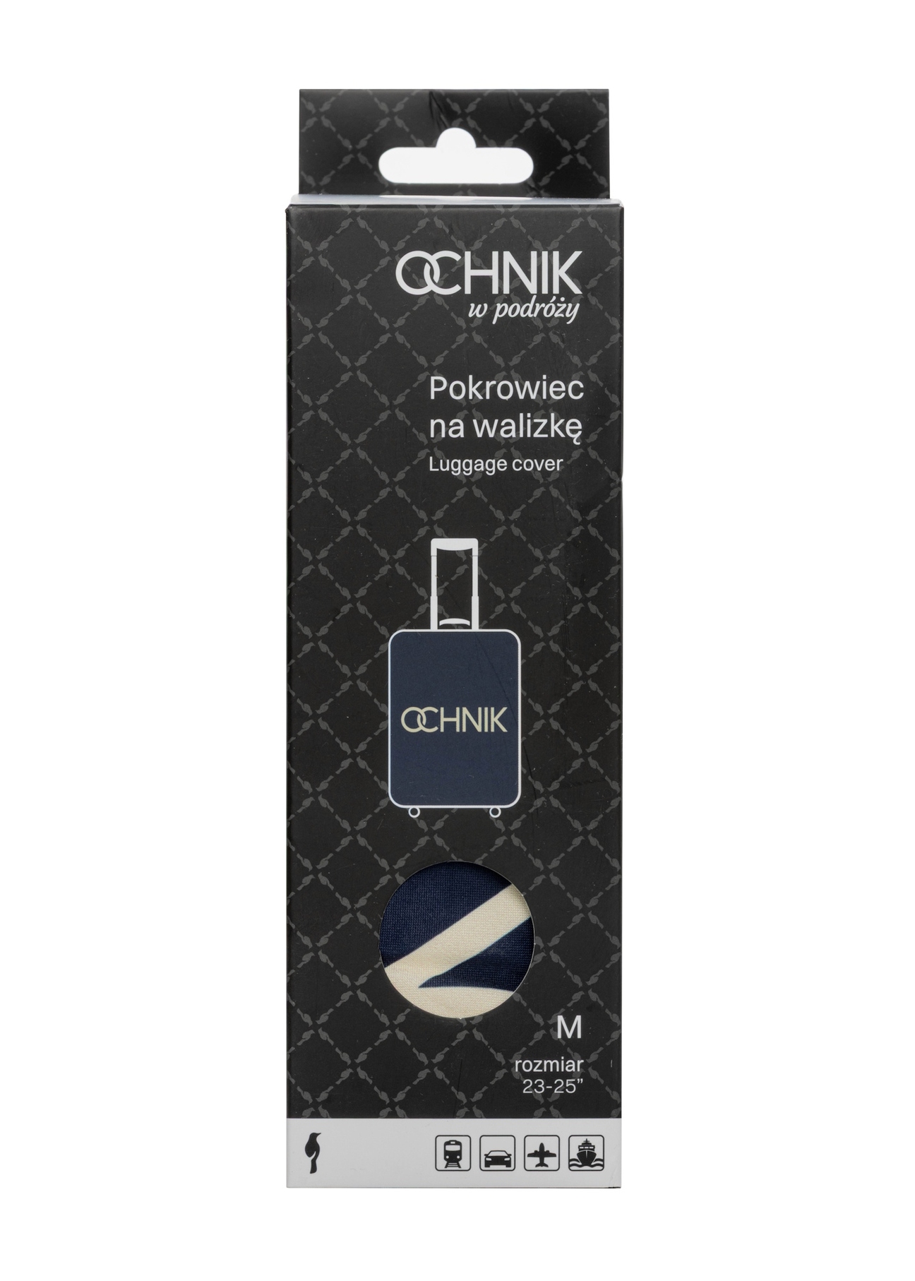 Námornícky modrý obal na stredný kufor AW-013-0002-7D-M(W26), pohľad spredu na produkt v balení.