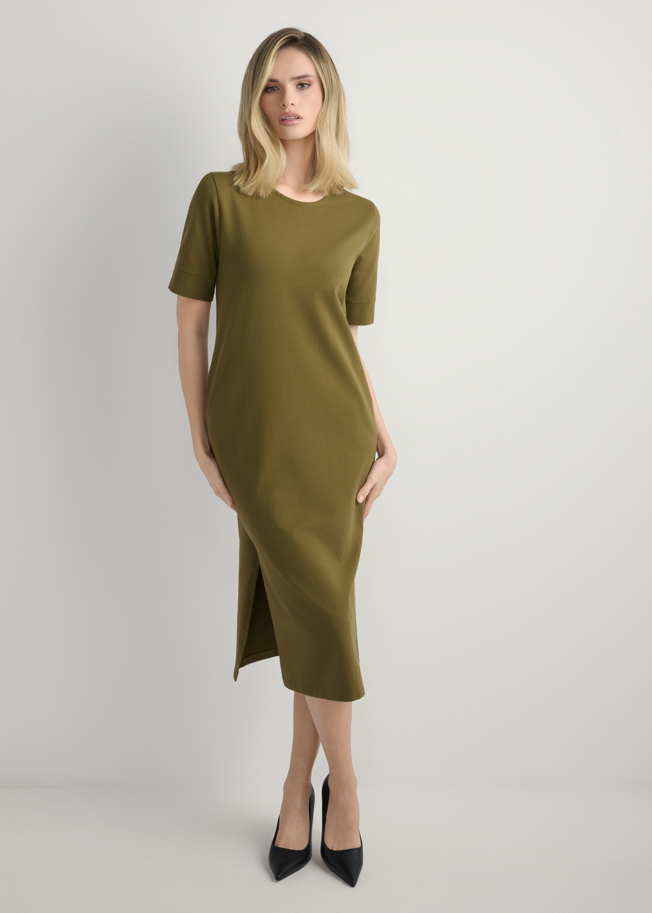Bavlnené šaty khaki midi SUKDT-0256-8D(W26)