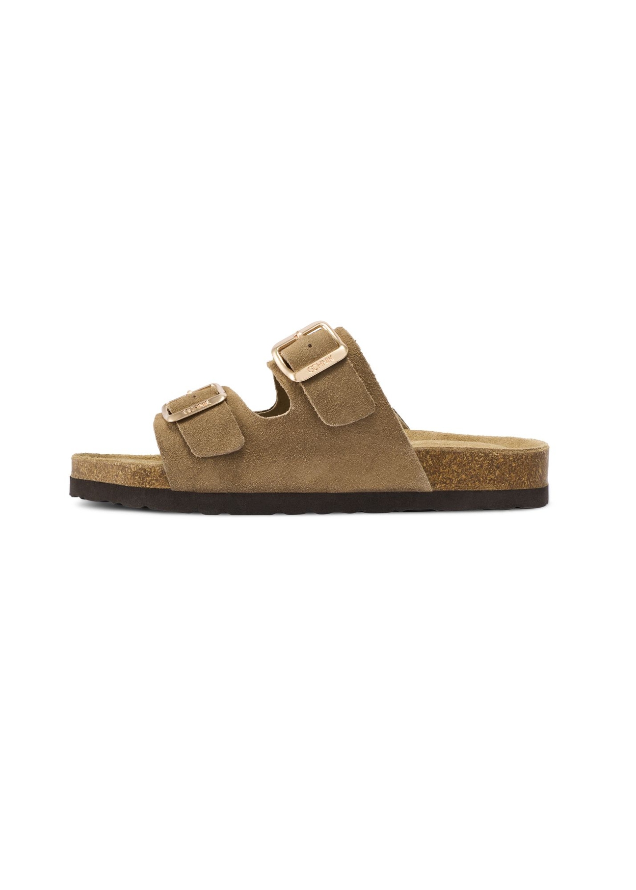 Dámske kožené žabky v chladnej béžovej farbe BUTYD-1158-1K(W26), bočný pohľad na produkt na bielom podklade.