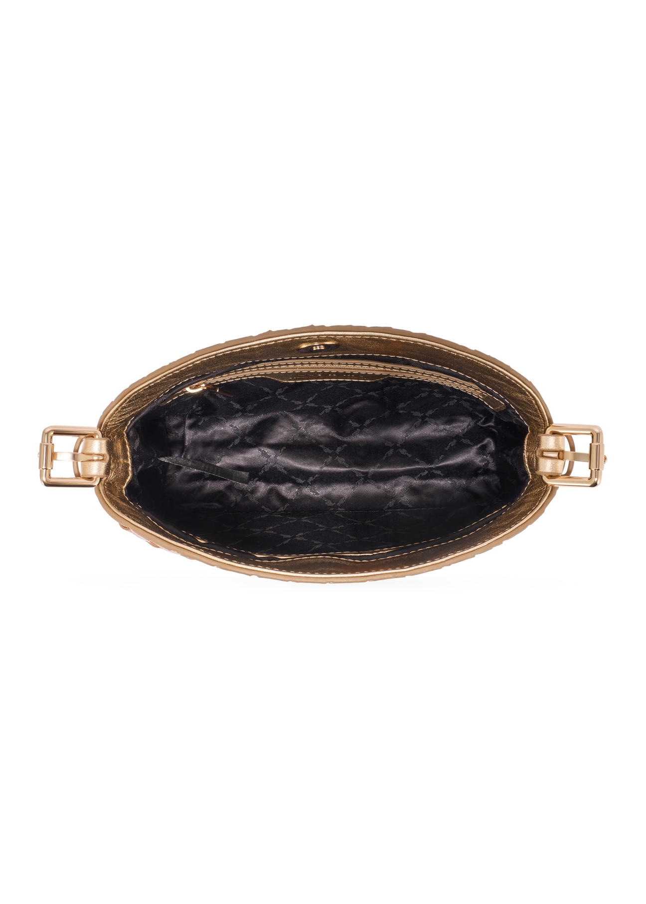 Dámska kožená kabelka s pleteným vzorom zlatej farby TORES-1292-2X(W26) - pohľad na produkt zhora, na bielom pozadí.