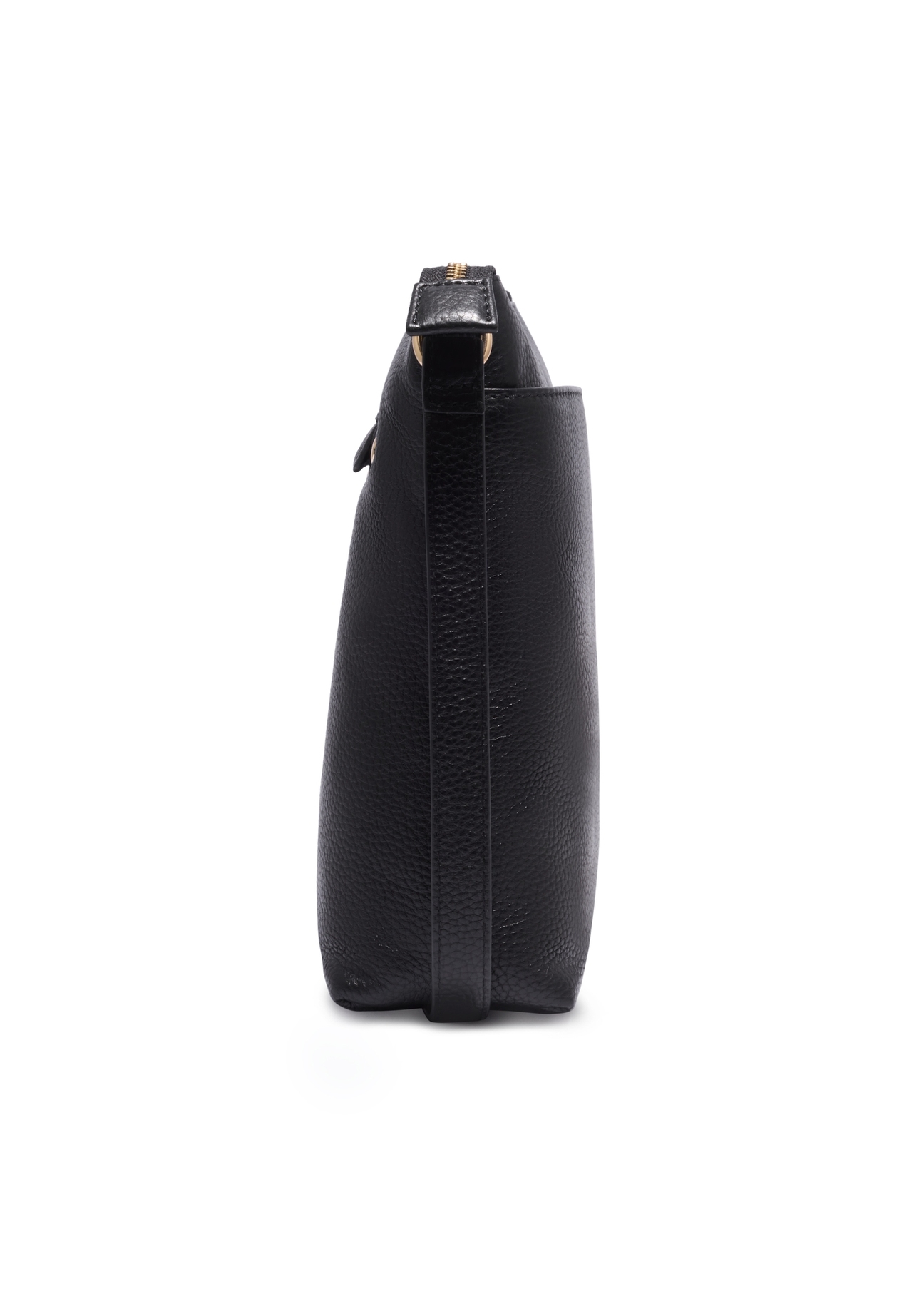 Schwarze Damenhandtasche aus naturbelassenem Erbsenleder TORES-1425-9I(Z26), Seitenansicht des Produkts vor weißem Hintergrund.