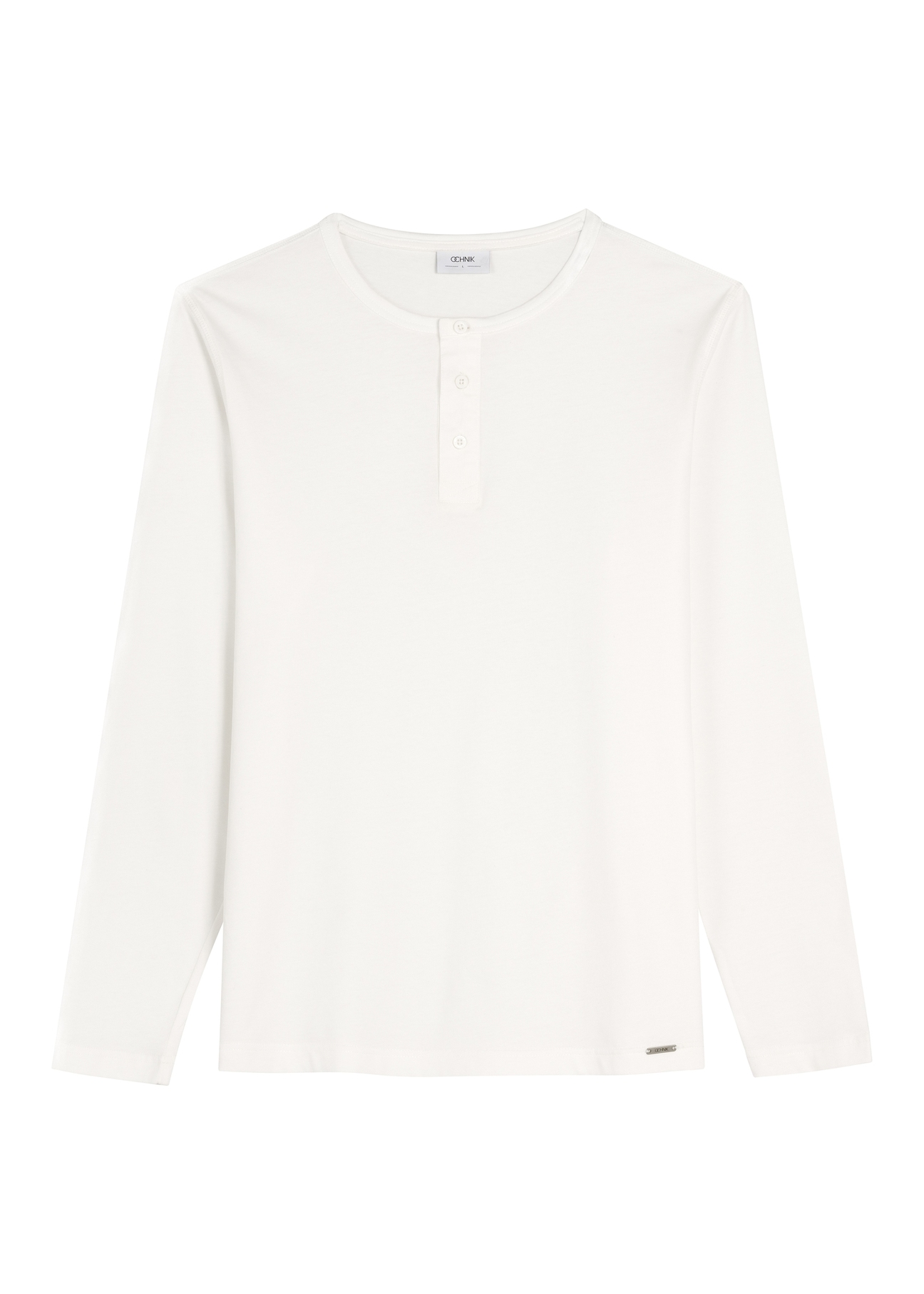 Pánske biele bavlnené tričko s dlhým rukávom LSLMT-0010-0B(W26), pohľad spredu na bielom pozadí.