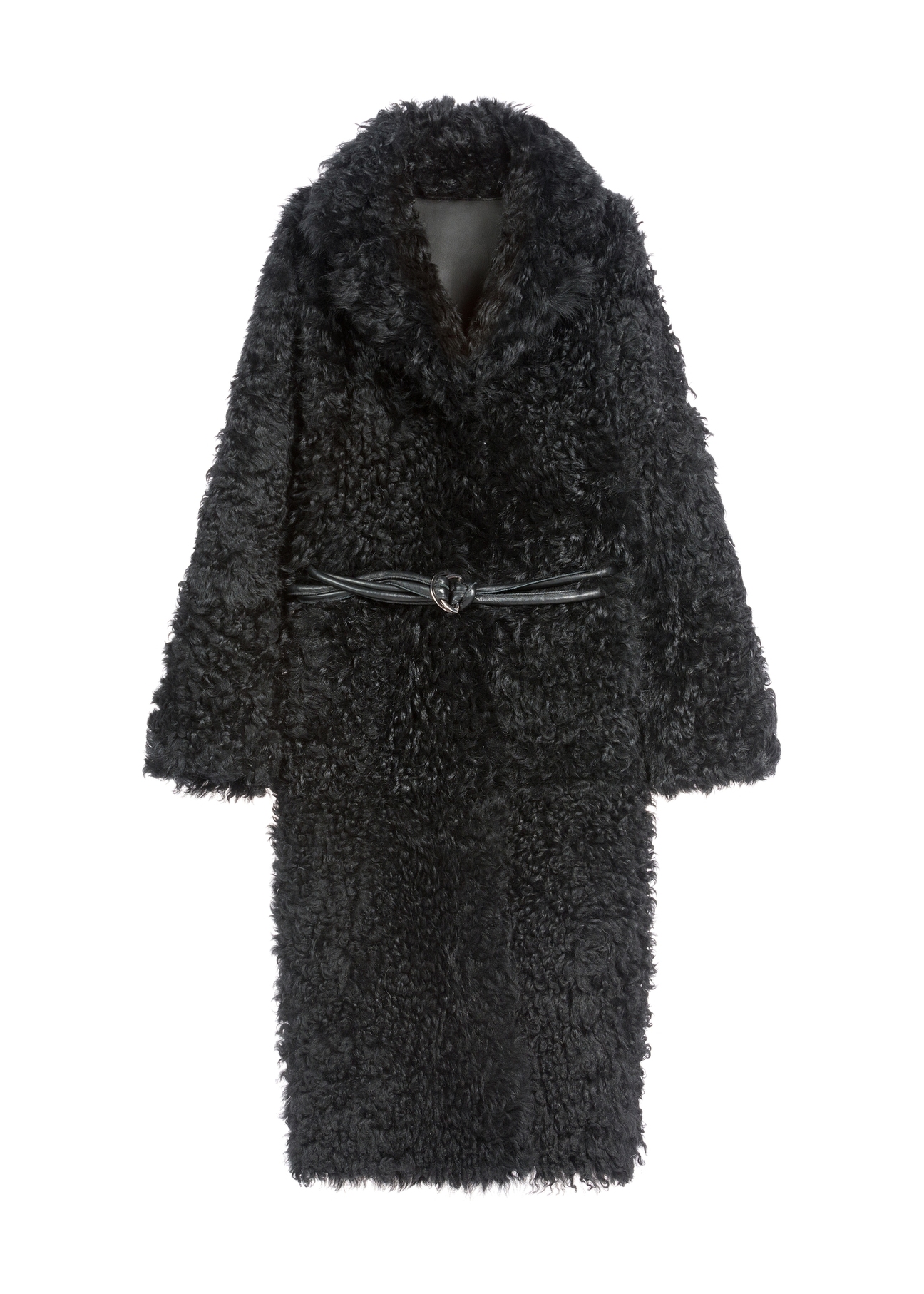 Čierny obojstranný dámsky kabát z ovčej kože KOZDS-0091-1395(Z25), pohľad na produkt spredu na bielom podklade.