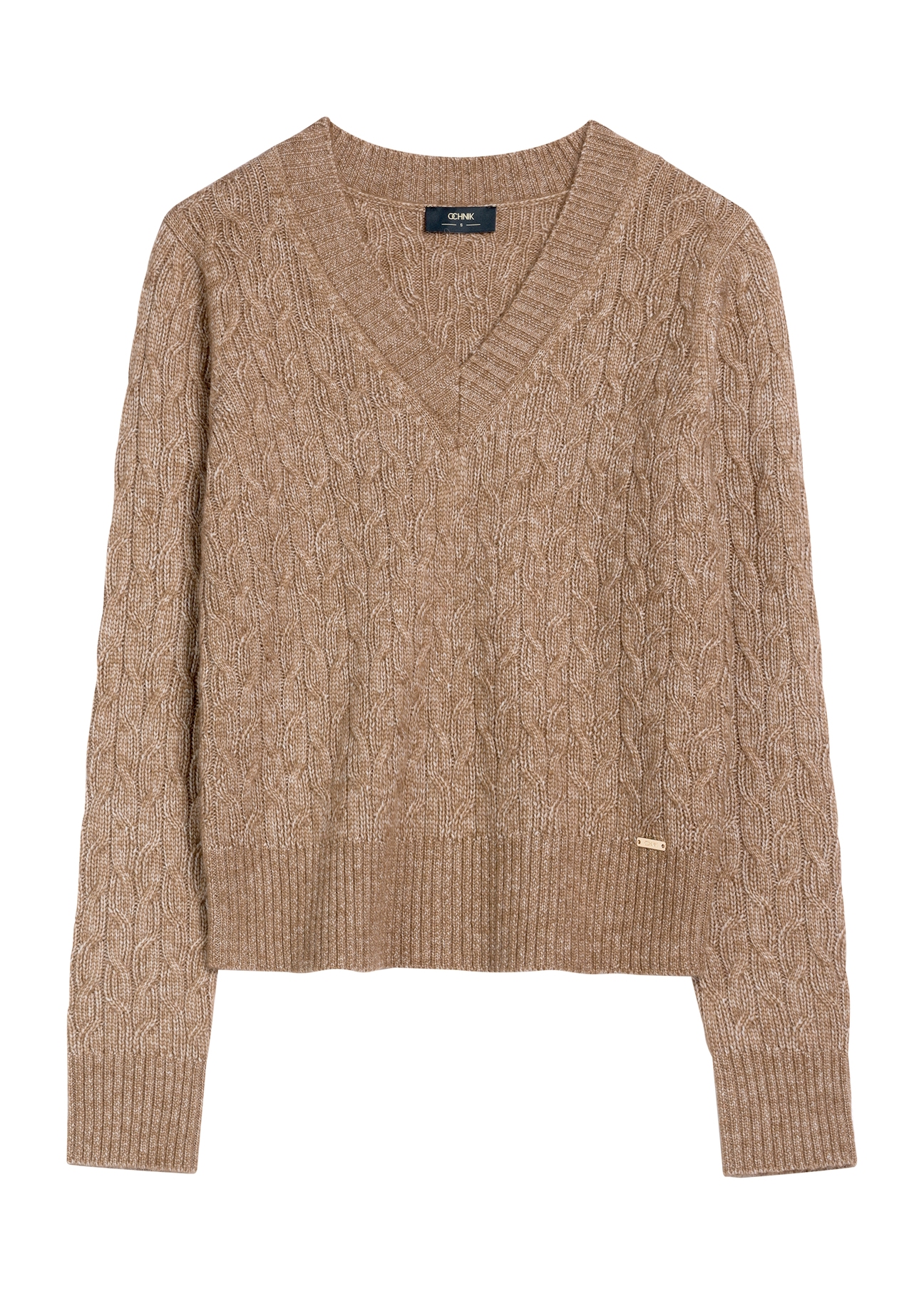 Dámsky hnedý sveter SWEDT-0237-84(Z25), pohľad na produkt spredu na bielom pozadí.