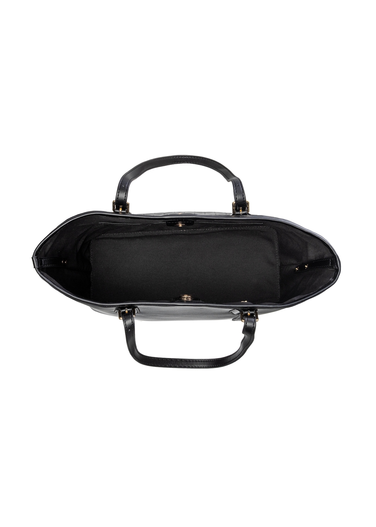 Čierna nákupná taška s monogramom TOREC-1181-9P(W26), pohľad na produkt vo vnútri na bielom pozadí.