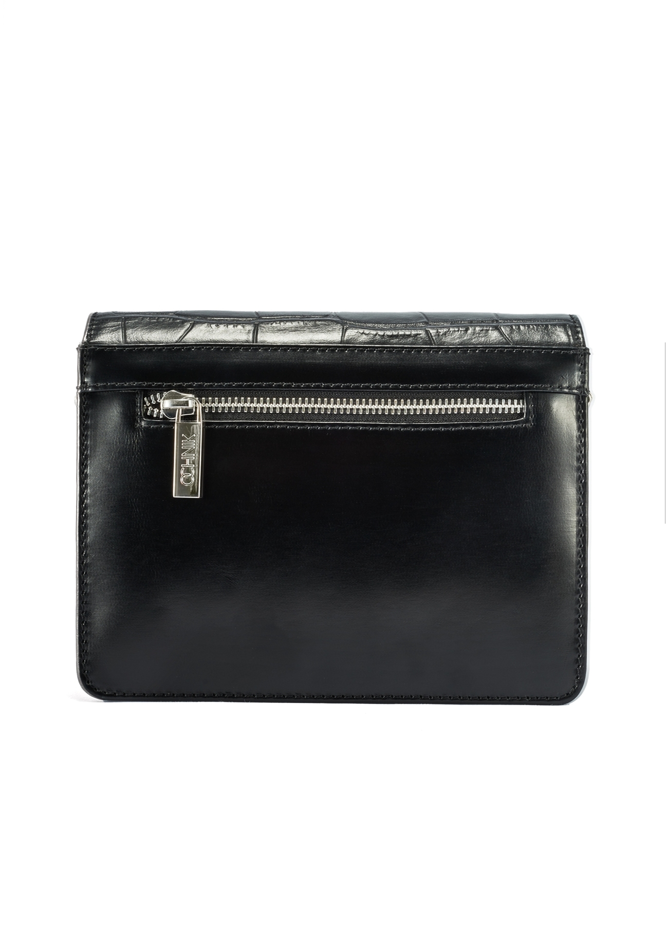 Schwarze Kroko-Lederhandtasche TORES-1176-99(Z25), Produktansicht von hinten auf weißem Hintergrund.