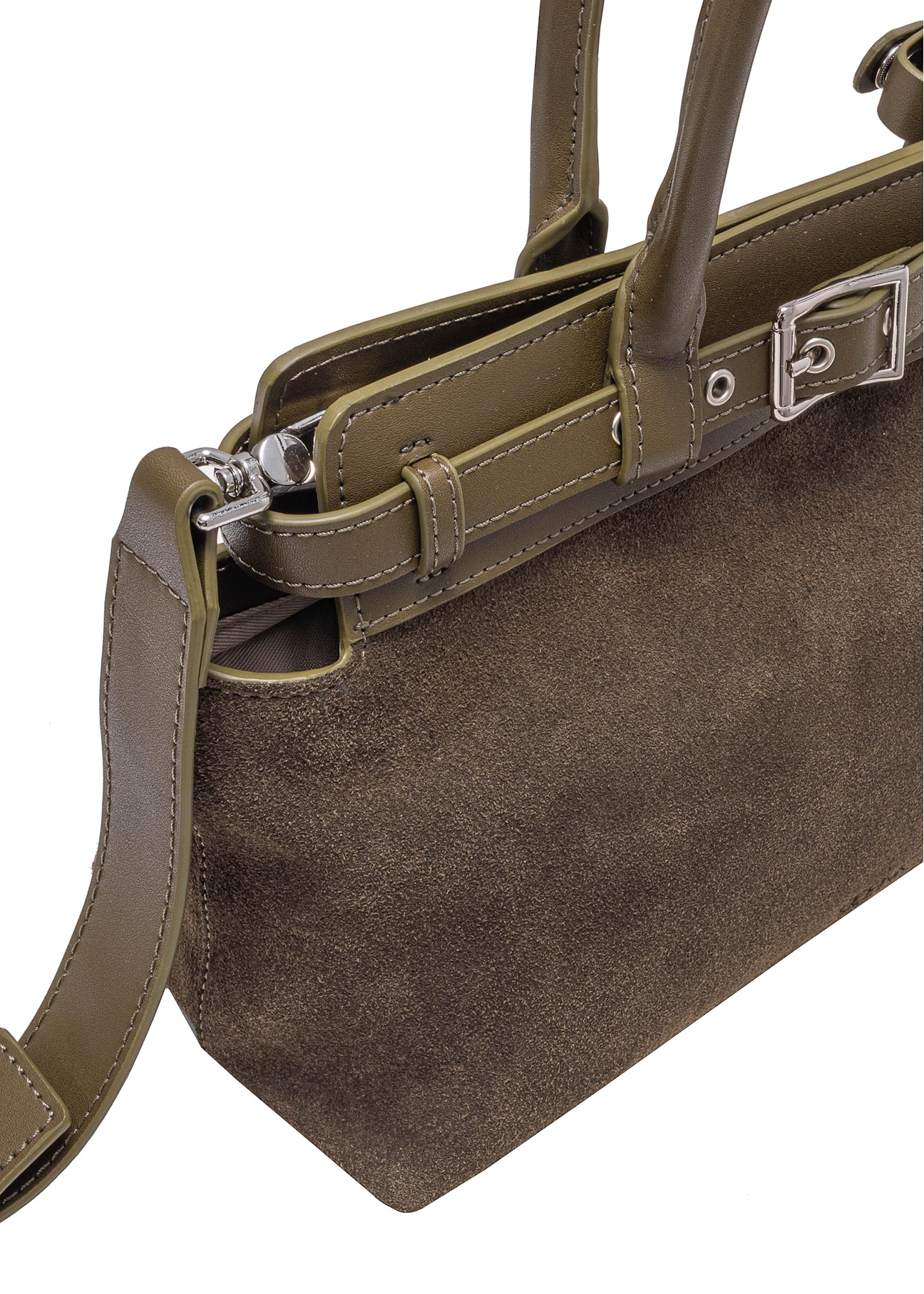 Dámska semišová kabelka v khaki farbe TORES-1192-55(Z25), detailný záber produktu na bielom pozadí.