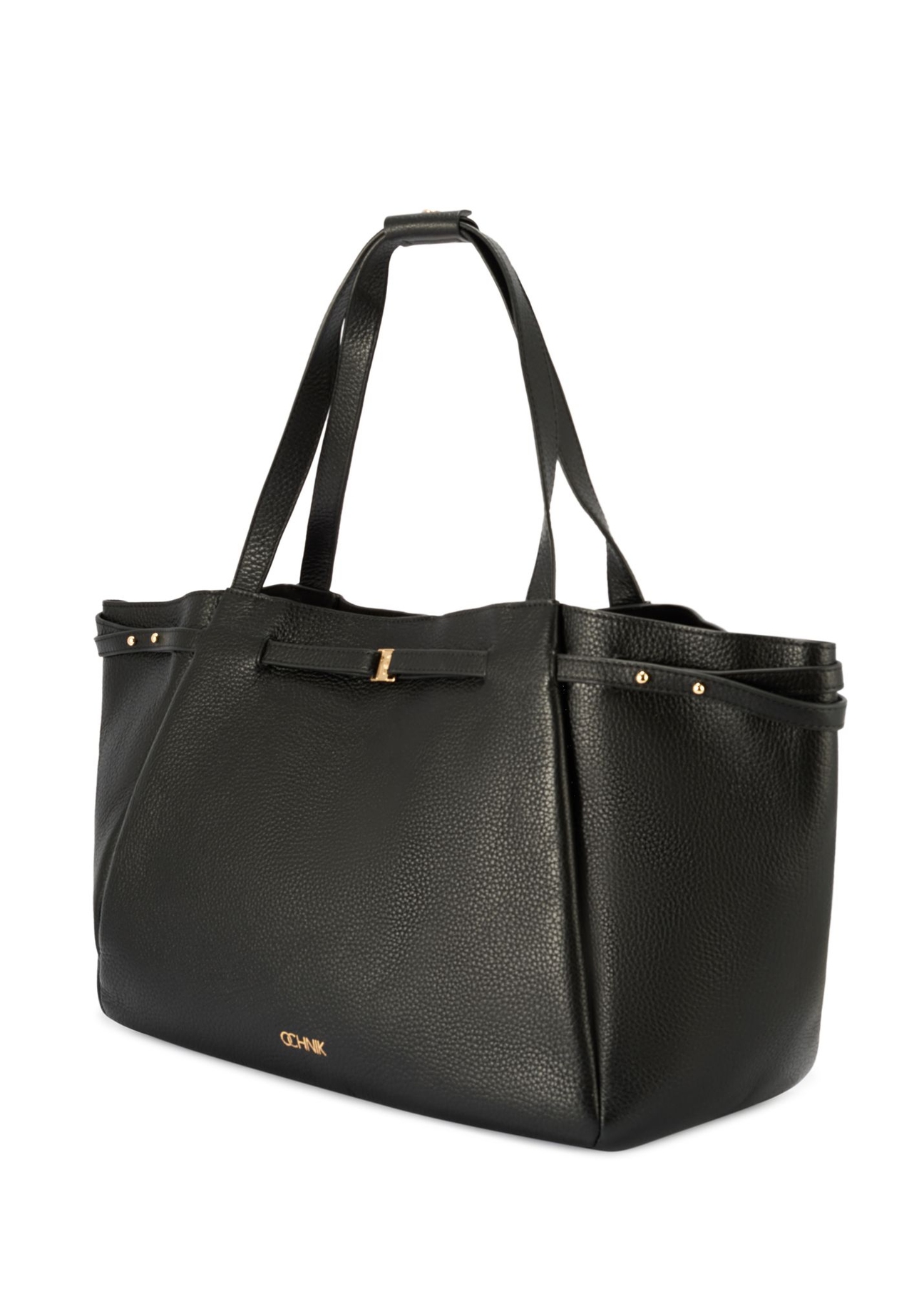 Čierna kožená nákupná taška TORES-1207-9I(W26) - diagonálny pohľad na produkt, na bielom pozadí.