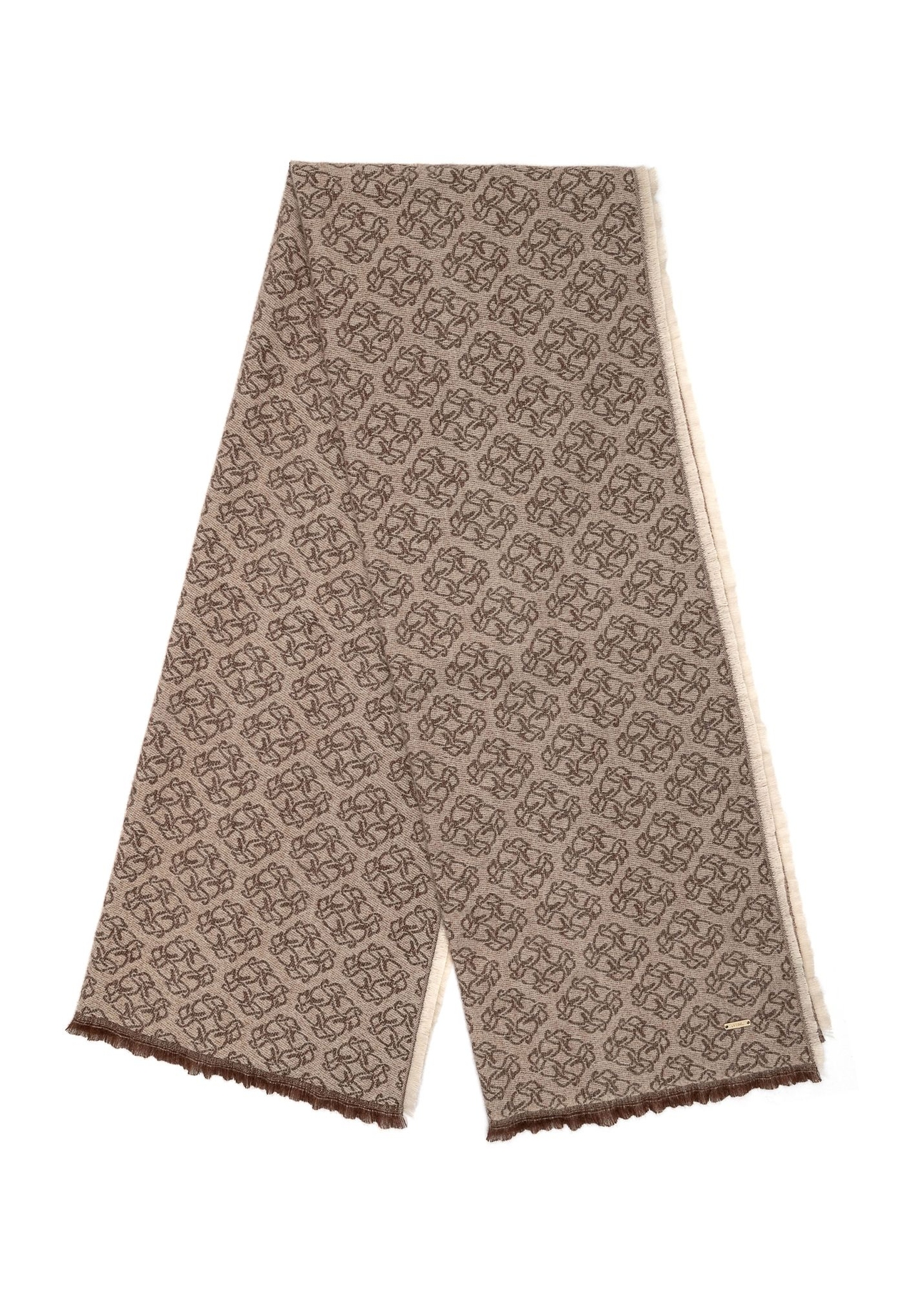Veľká hnedá dámska šatka s monogramom SZADT-0130A-82(Z25), pohľad na produkt na bielom pozadí.-02