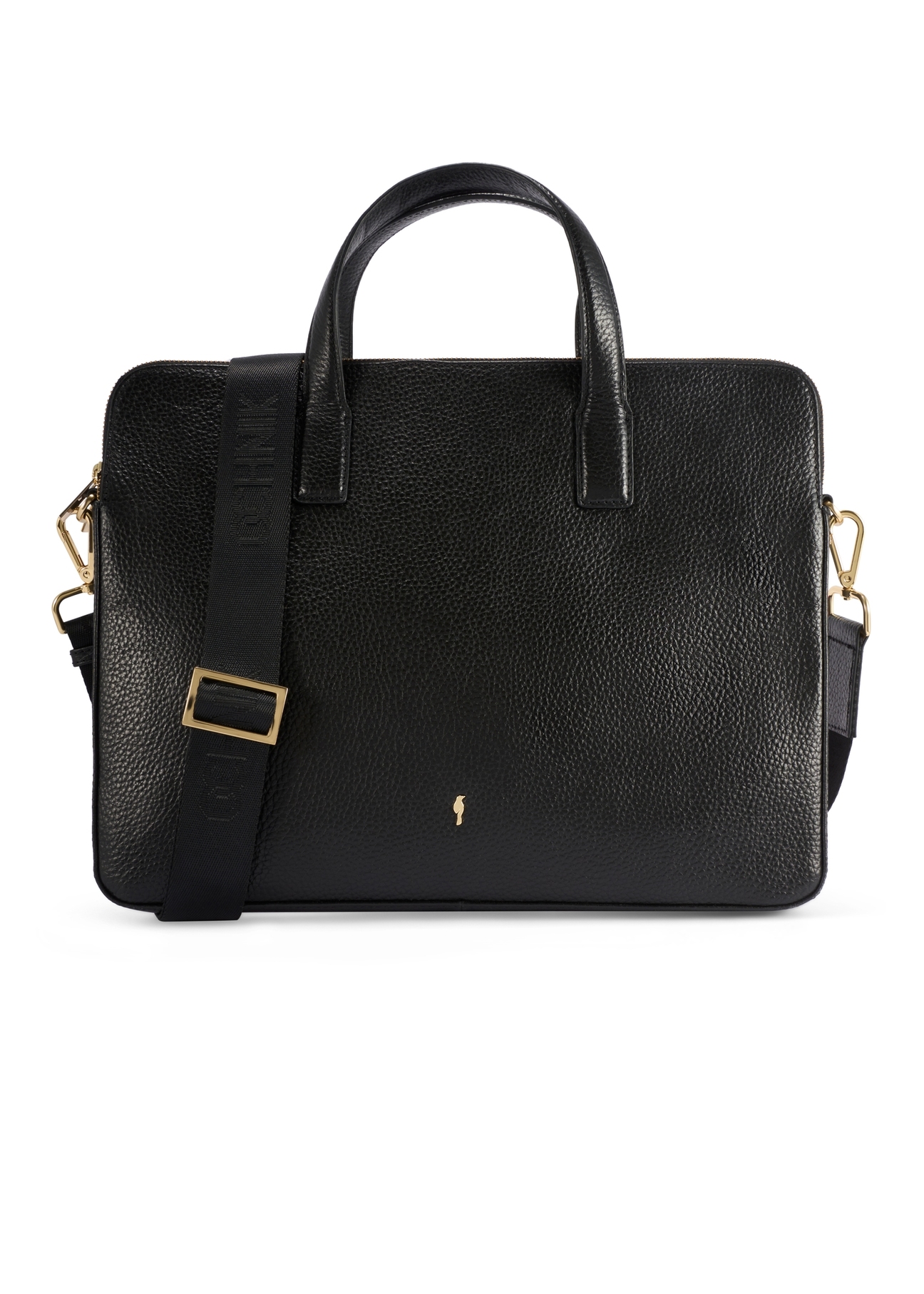 Čierna kožená taška na notebook TORES-1070A-99(W26), pohľad spredu na bielom pozadí.