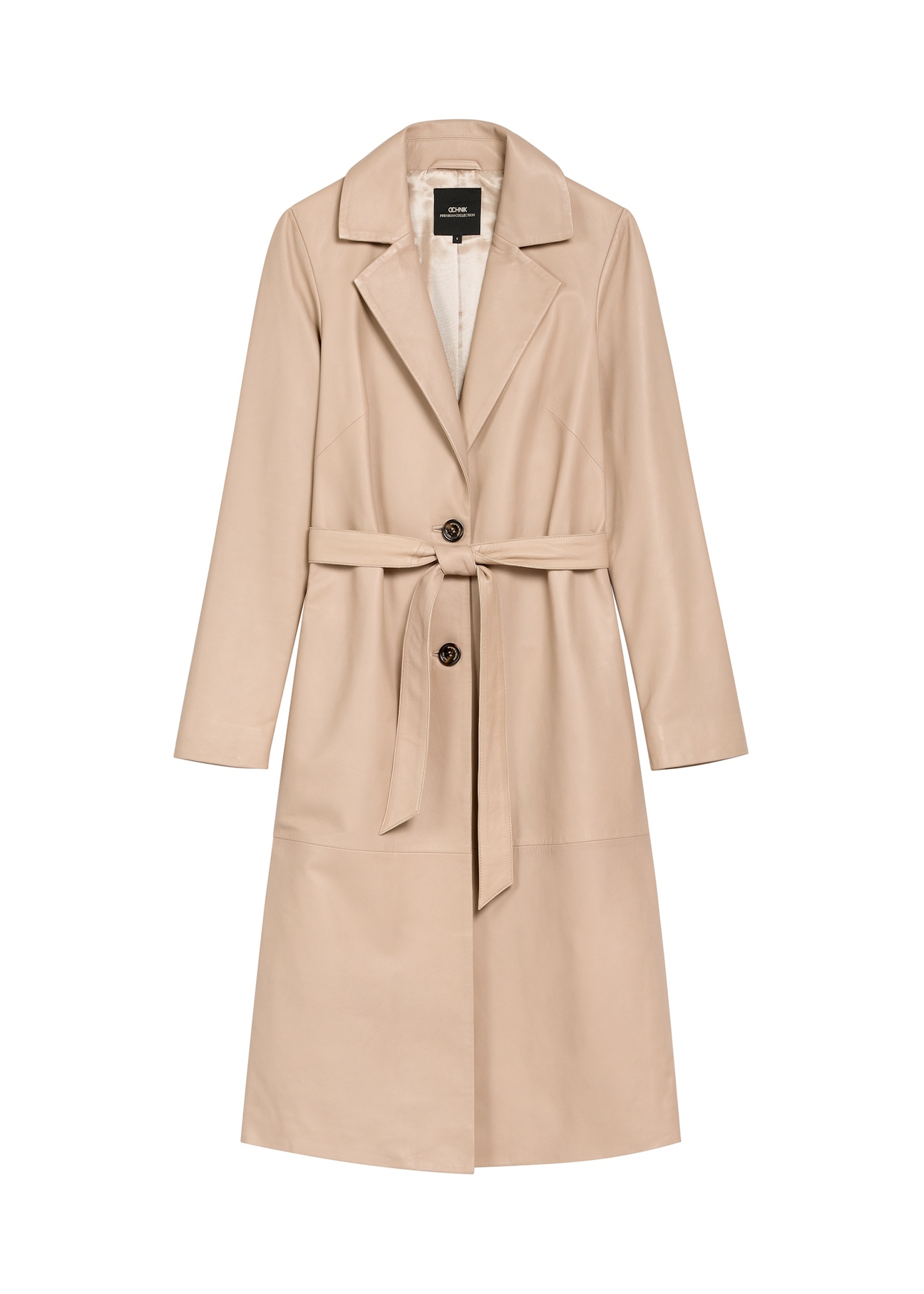 Dámsky béžový kožený kabát KURDS-0613-1B(W26), pohľad spredu na bielom pozadí.