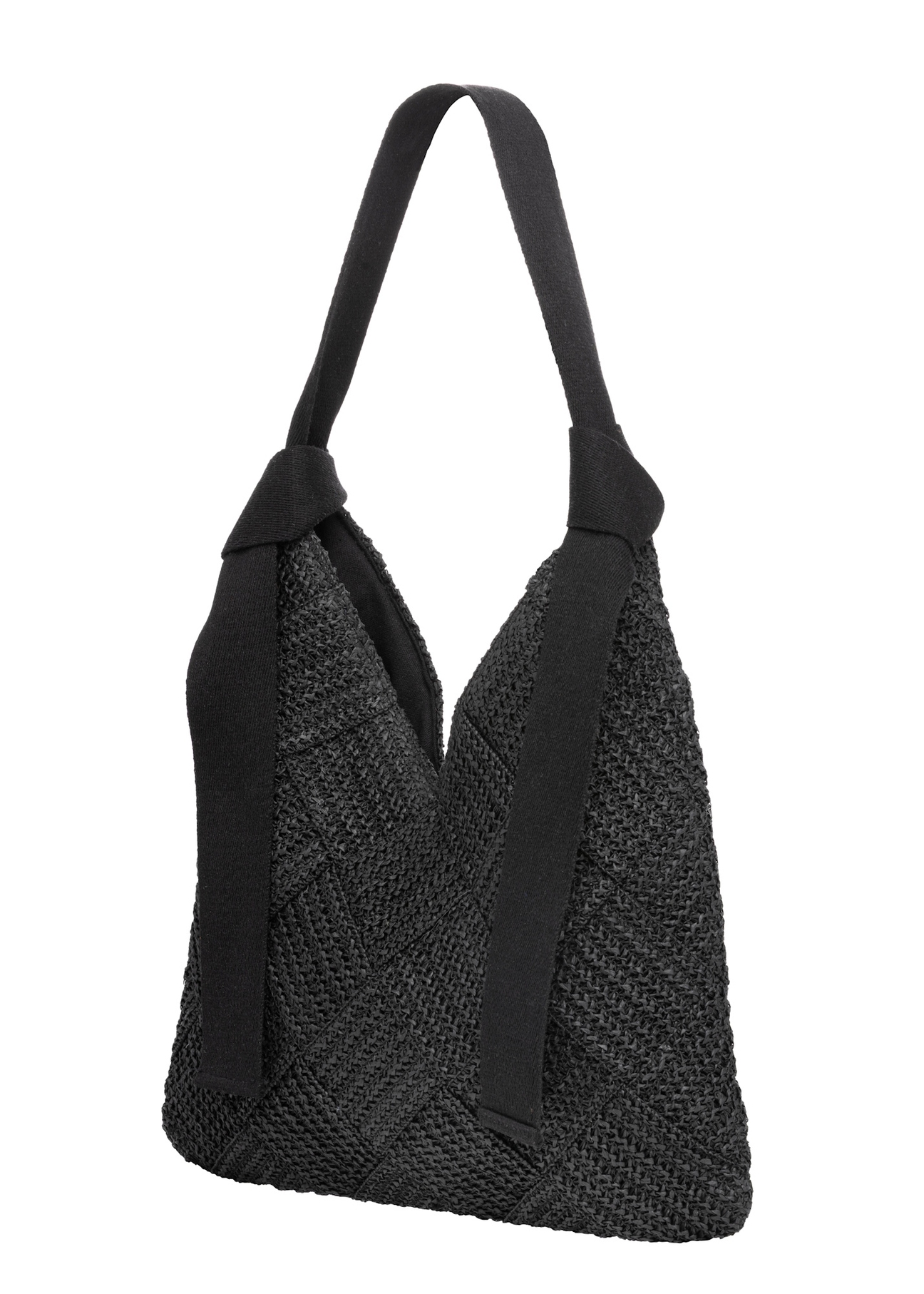 Čierna dámska kabelka z prírodného vlákna TOREC-1039-99(W26), diagonálny pohľad na produkt na bielom pozadí.