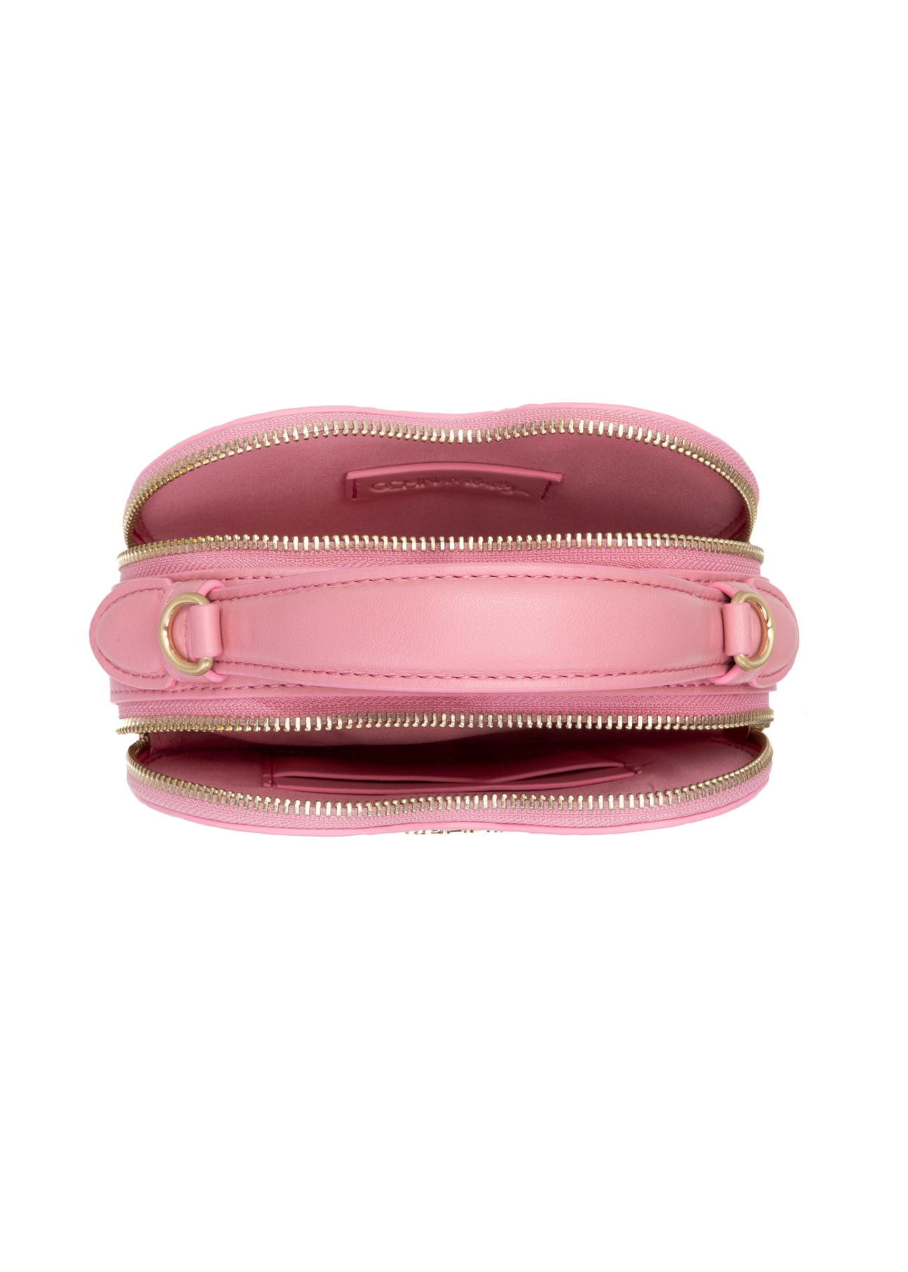 Ružová kabelka v tvare srdca TOREC-1154-5B(W26), pohľad na produkt zhora na bielom pozadí.