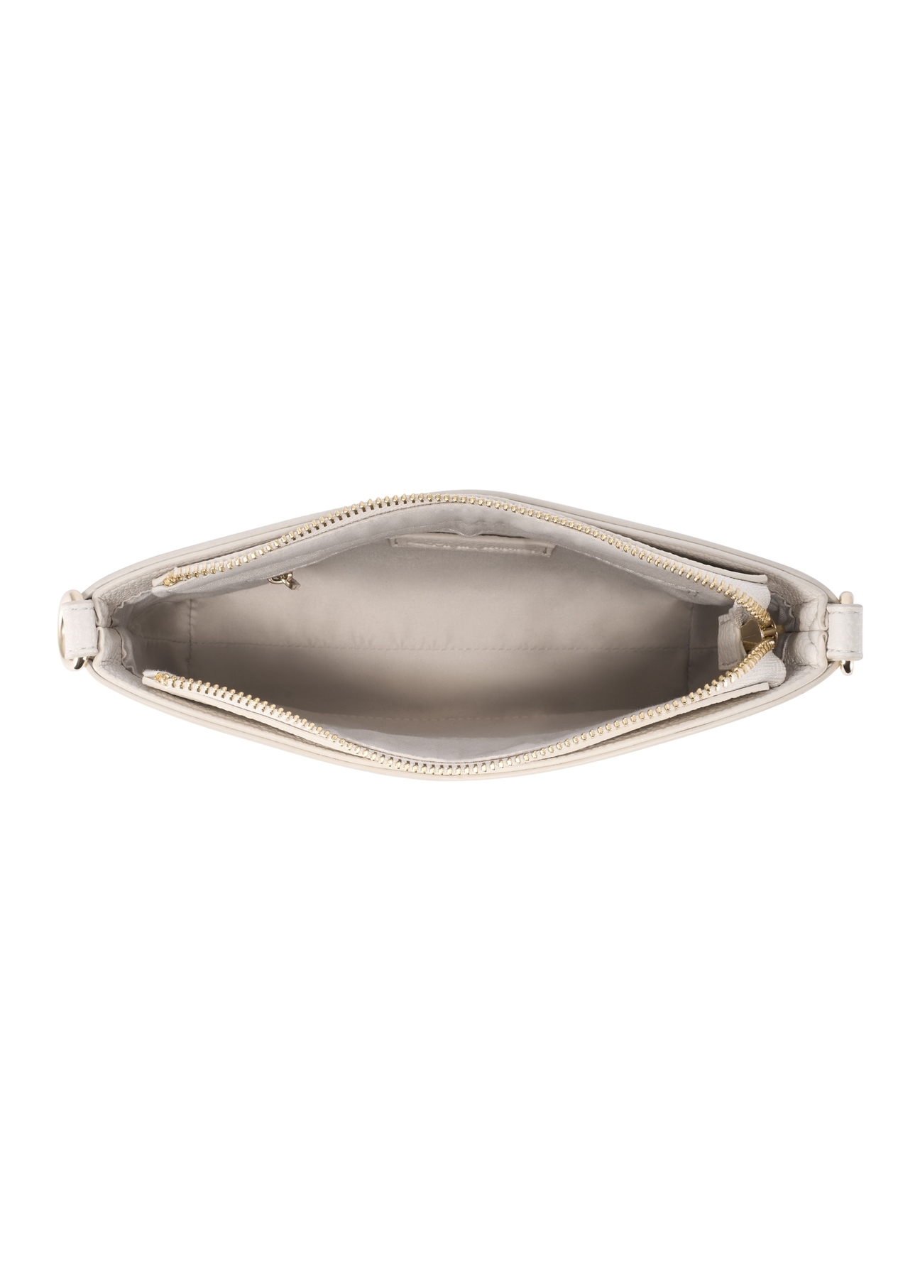 Dámska krémová kabelka s monogramom TOREC-1159-0B(W26), pohľad na produkt zhora na bielom pozadí.