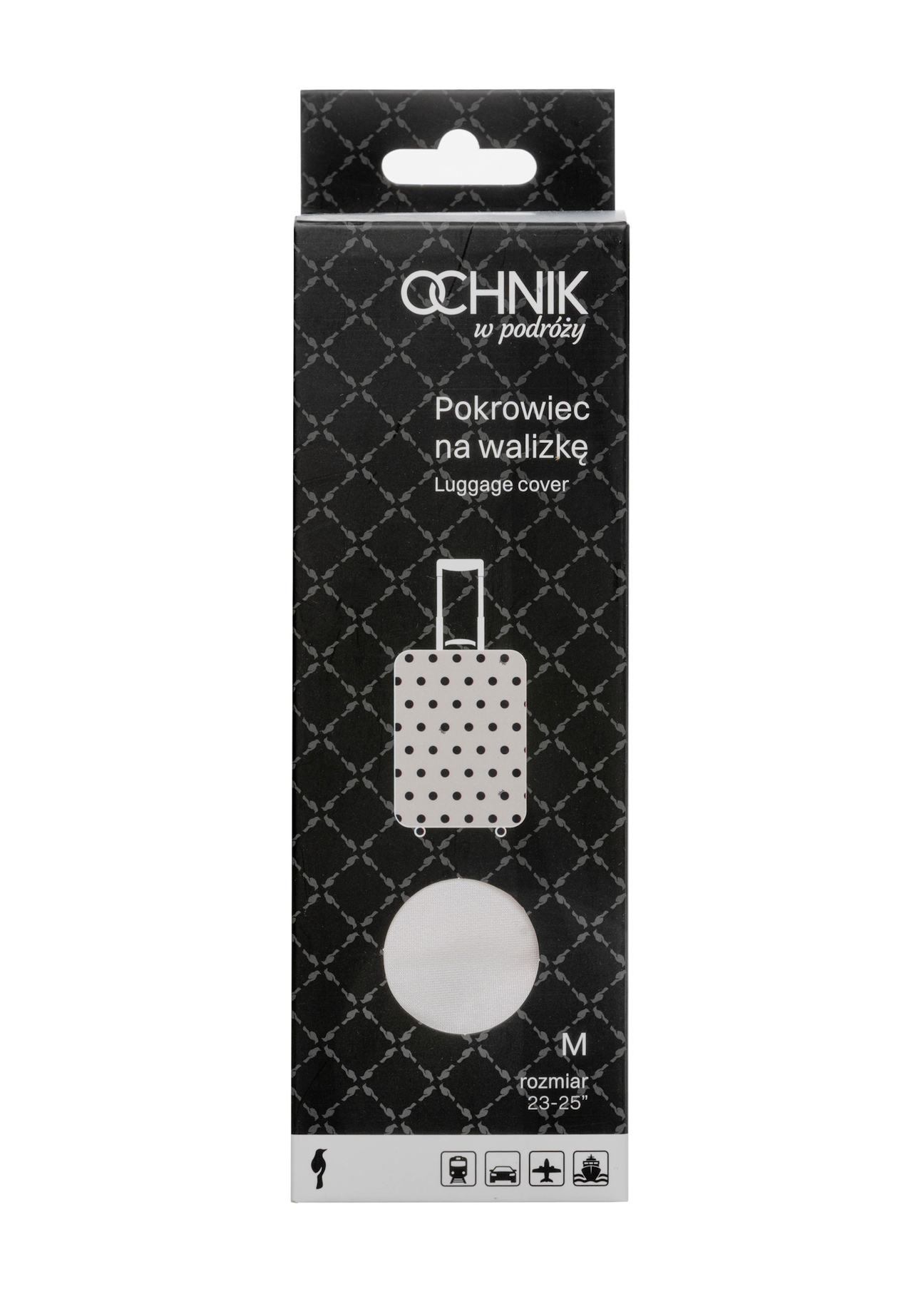 Stredne veľký bodkovaný obal na kufor AW-013-0007-0P-M(W26), pohľad spredu na výrobok v balení.