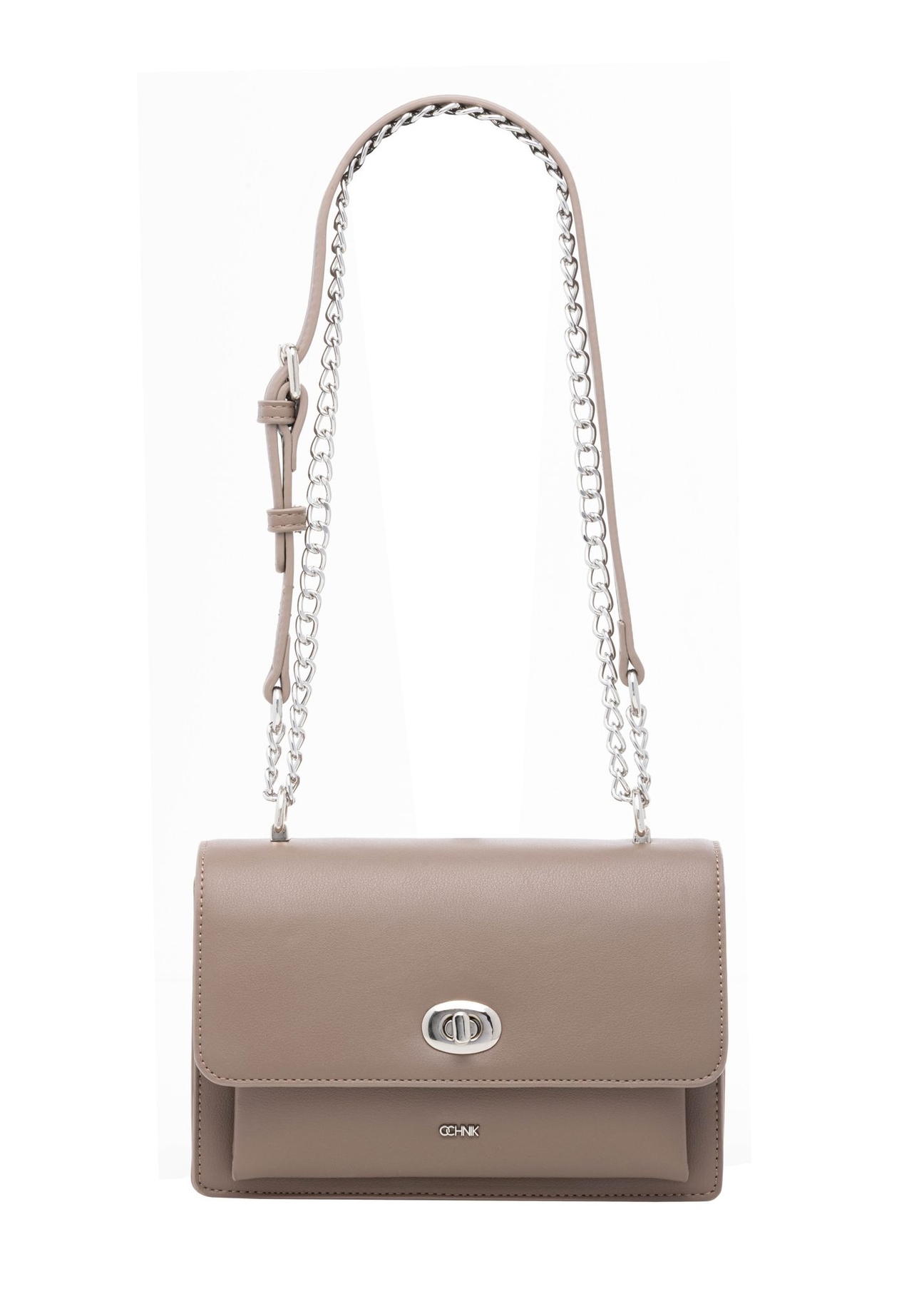 Malá dámska kabelka s elegantným zapínaním v chladnej béžovej farbe TOREC-1322-1K(Z26) - pohľad na produkt spredu, na bielom pozadí.