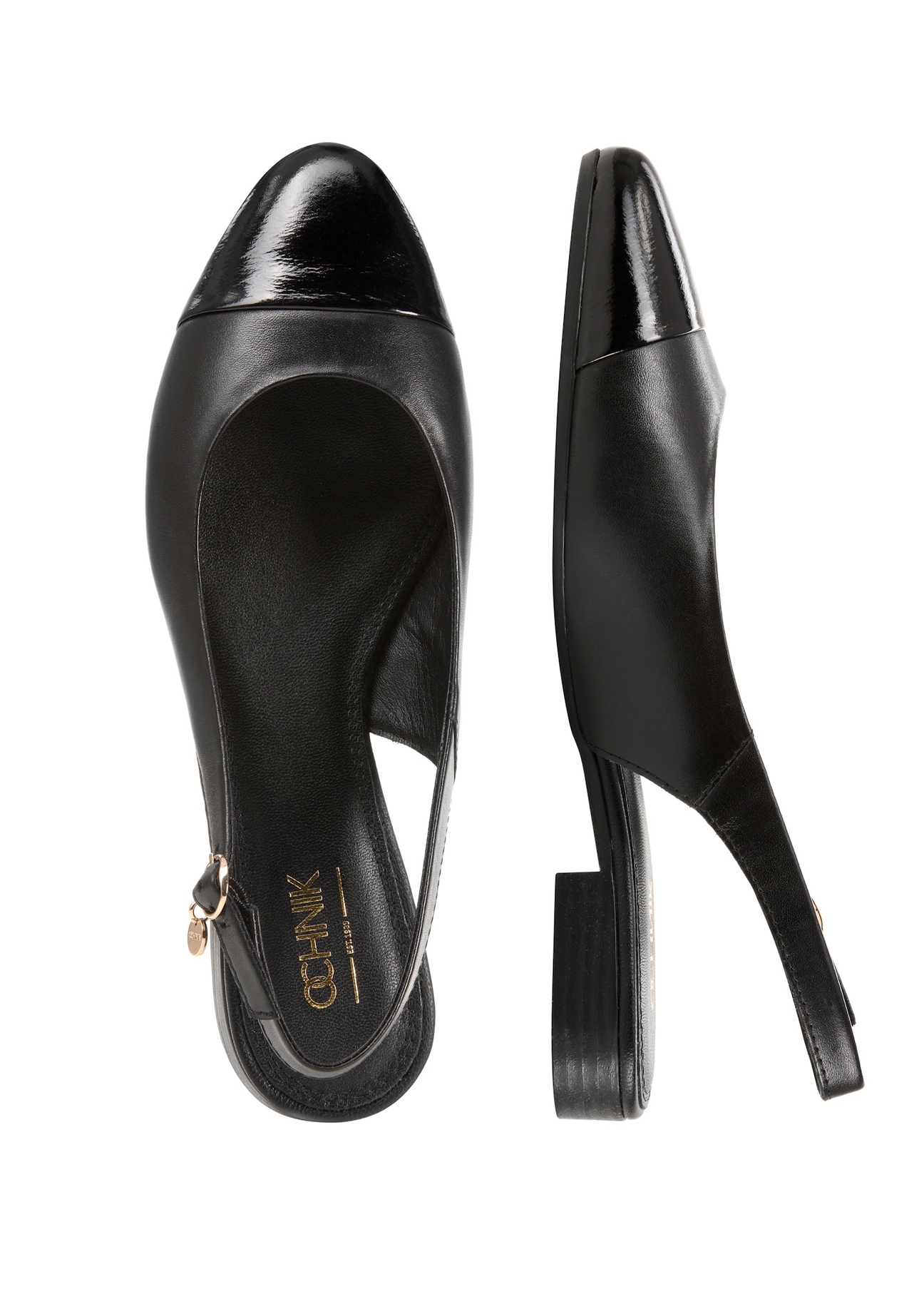 Kožené čierne balerínky BUTYD-1052A-99(W26), pohľad zhora na výrobok na bielom pozadí.