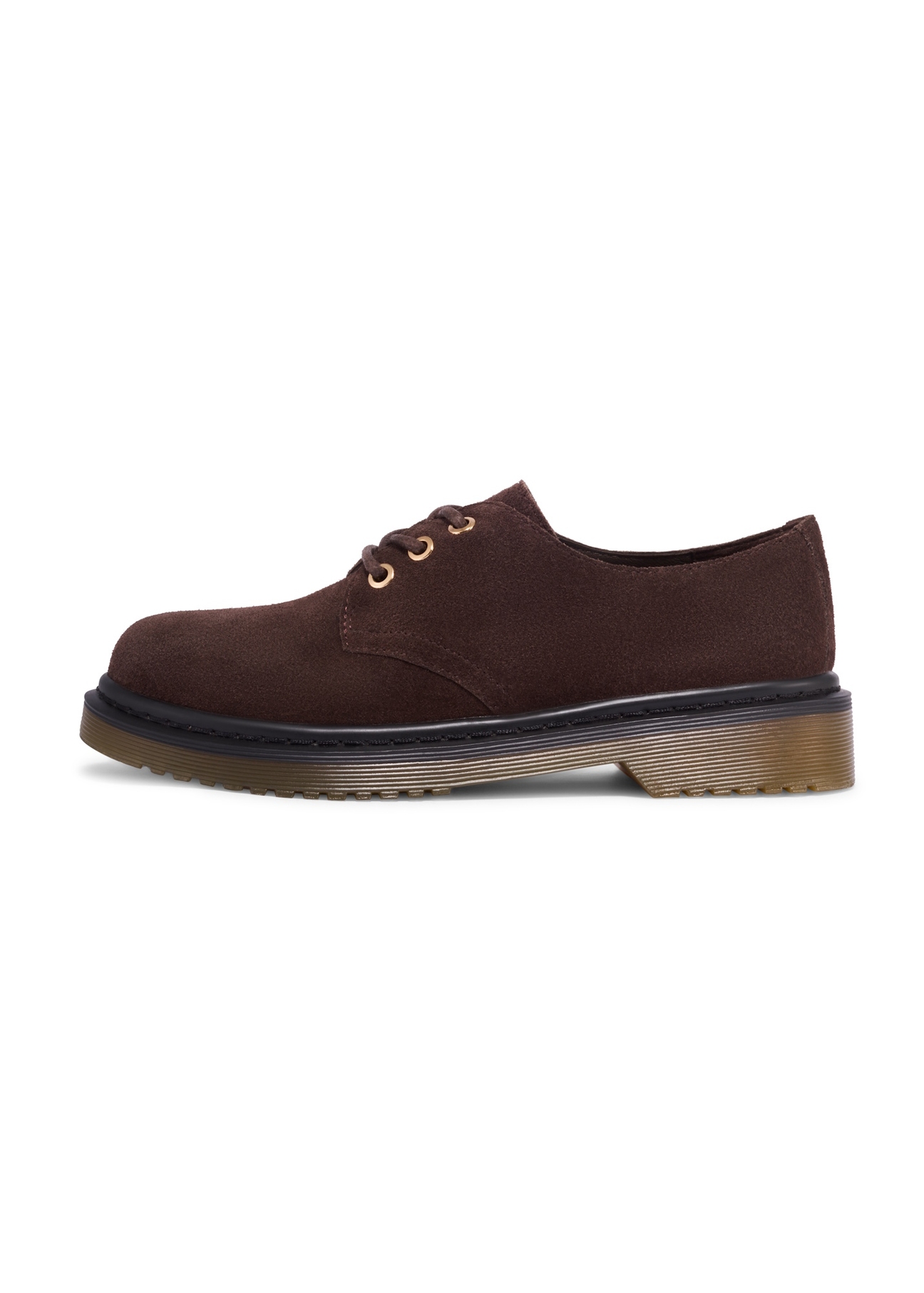 Dámske semišové topánky tmavohnedej farby BUTYD-1353-1I(Z26), bočný pohľad na produkt na bielom pozadí.