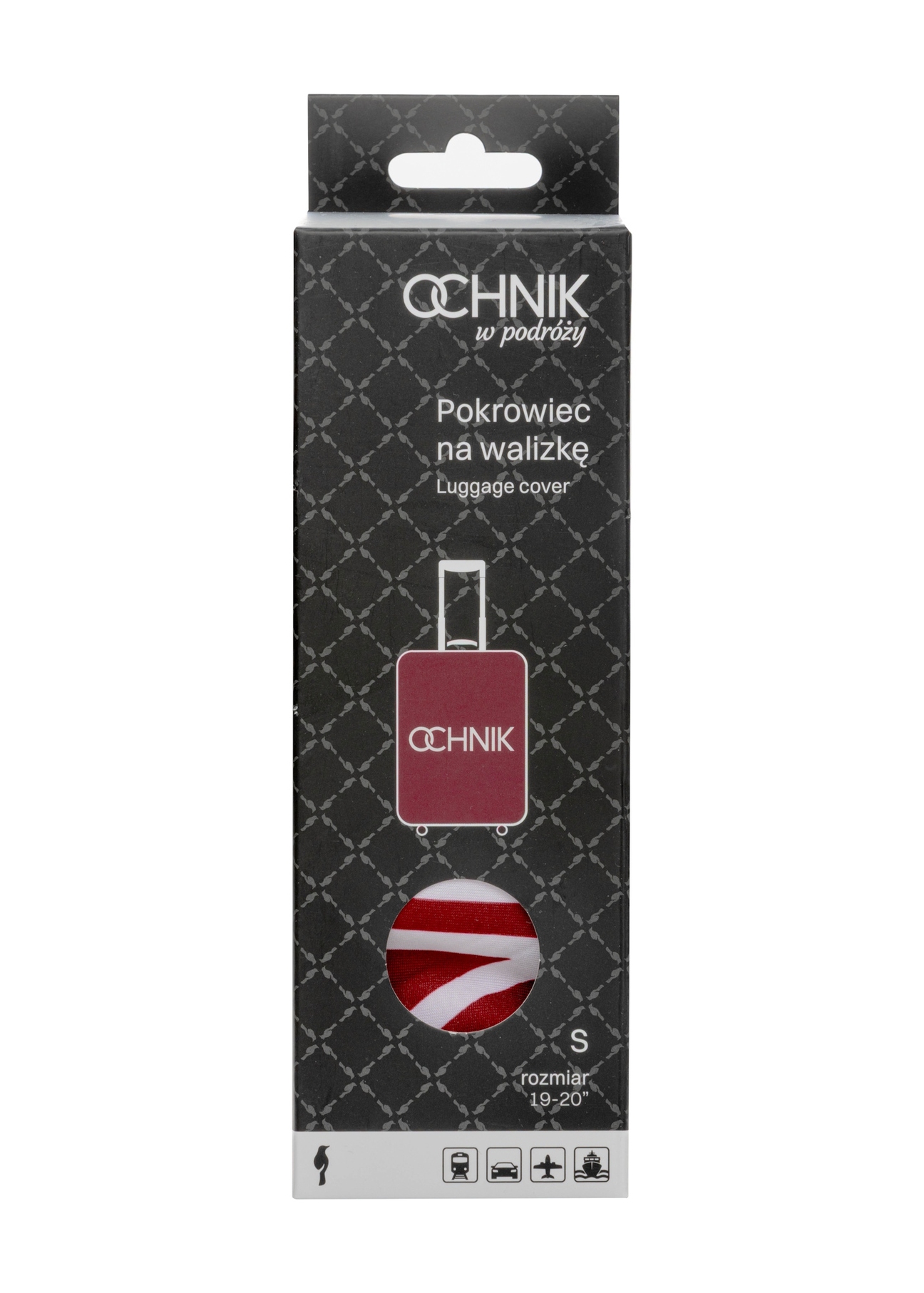 Červený obal na malý kufor s logom AW-013-0002-4B-S(W26), pohľad na produkt v balení na bielom pozadí.