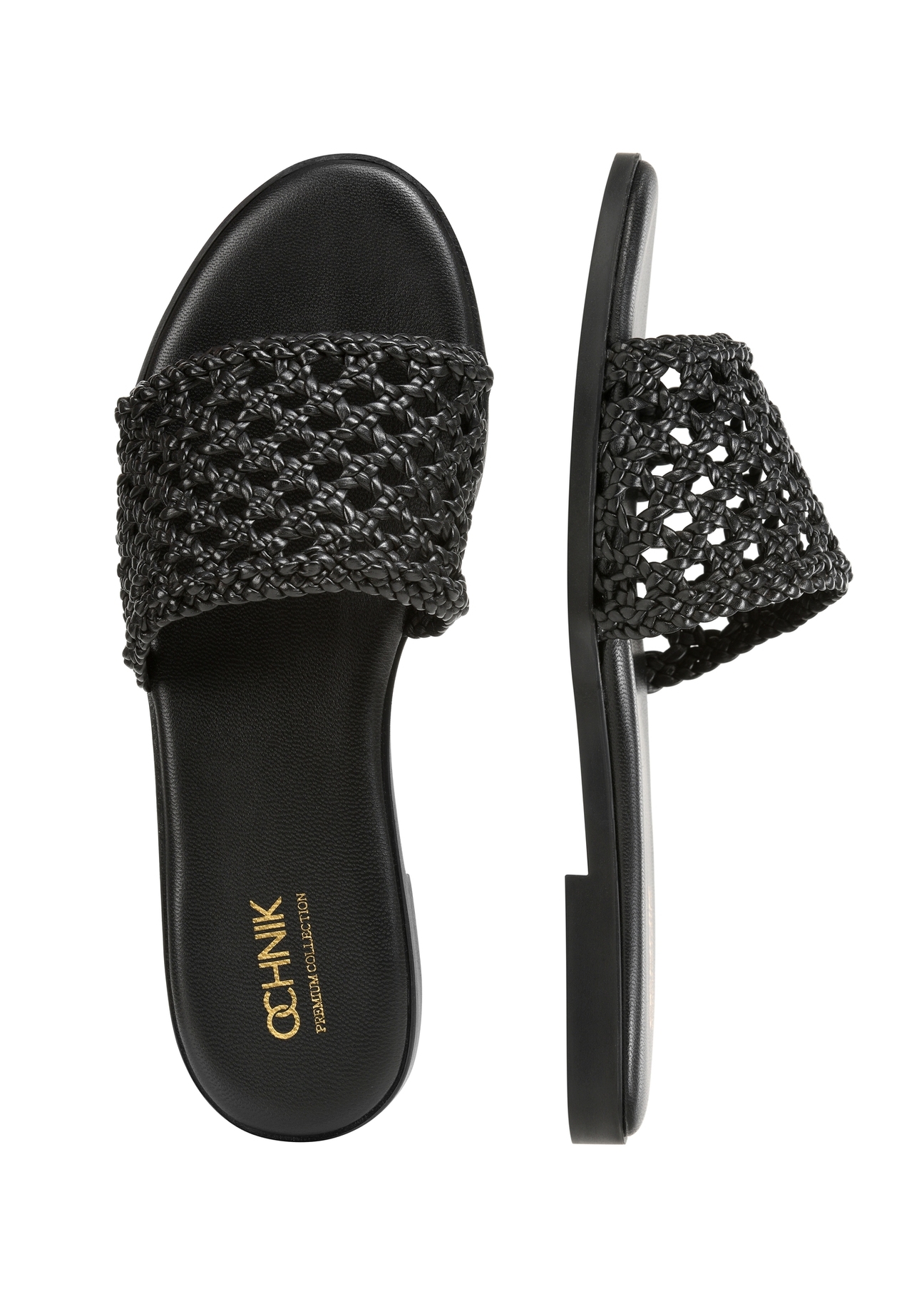 Dámske čierne pletené žabky BUTYD-1253-99(W26), pohľad na produkt zhora na bielom pozadí.