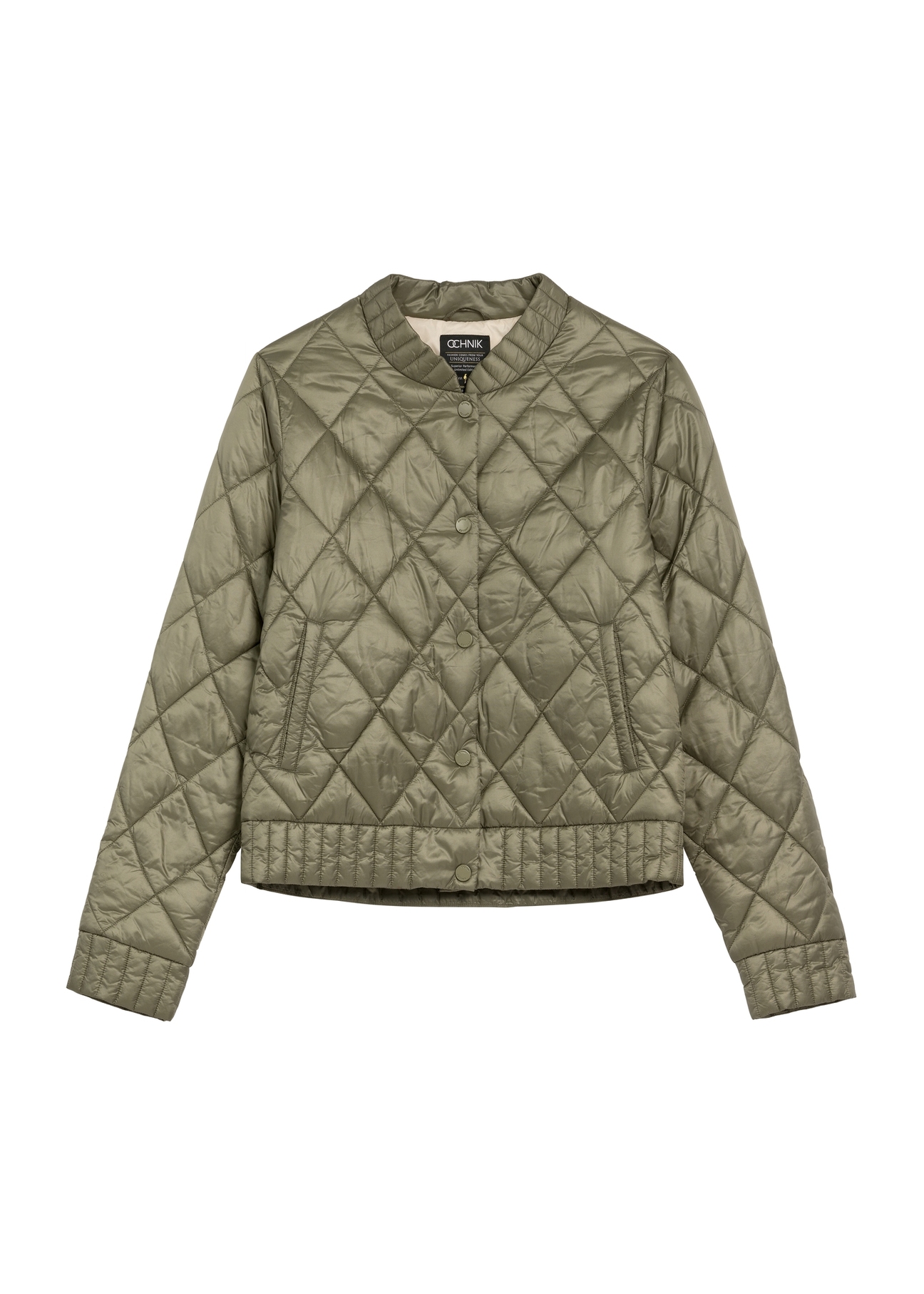 Dámska prechodná khaki bunda KURDT-0564A-55(W26), pohľad spredu na bielom pozadí.