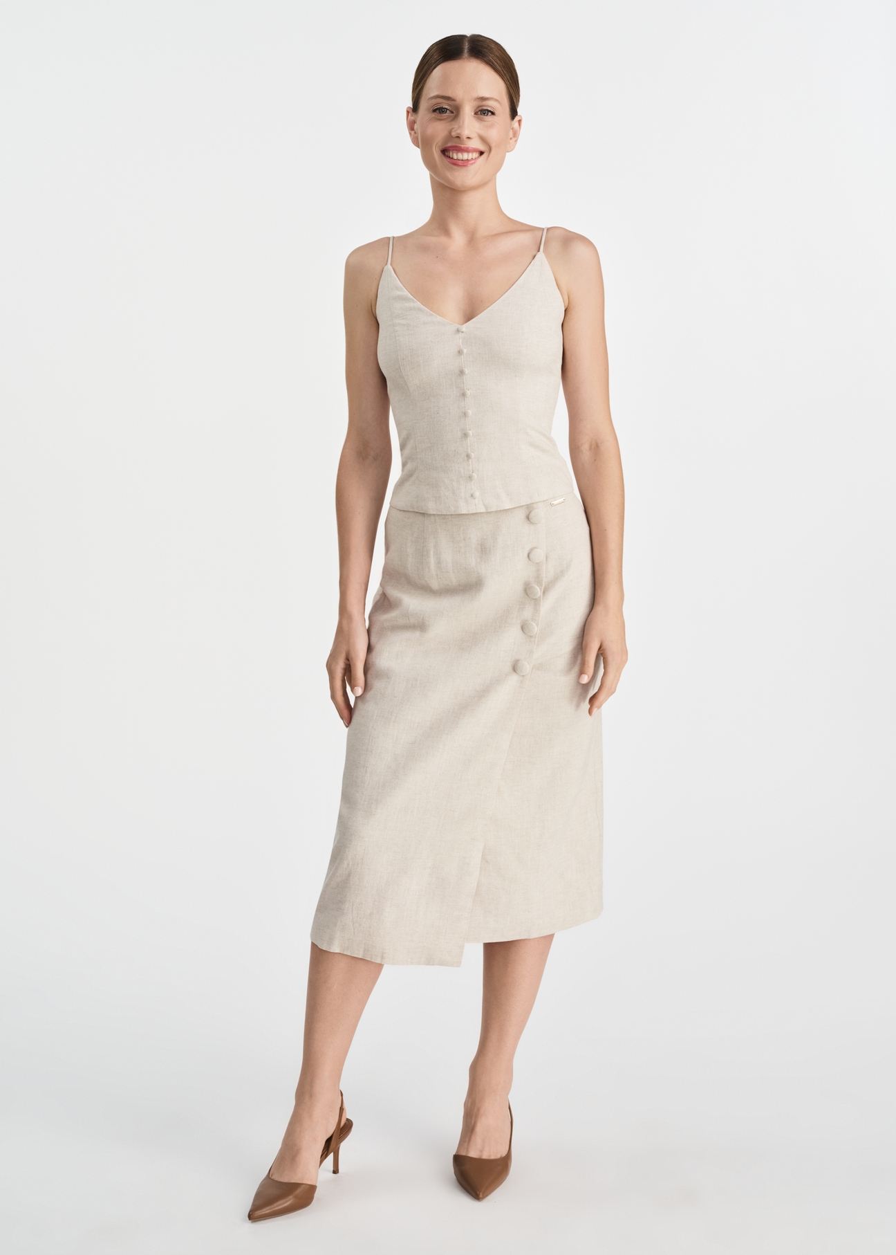 Beige linen blouse with straps BLUDT-0191-81(W25)-04