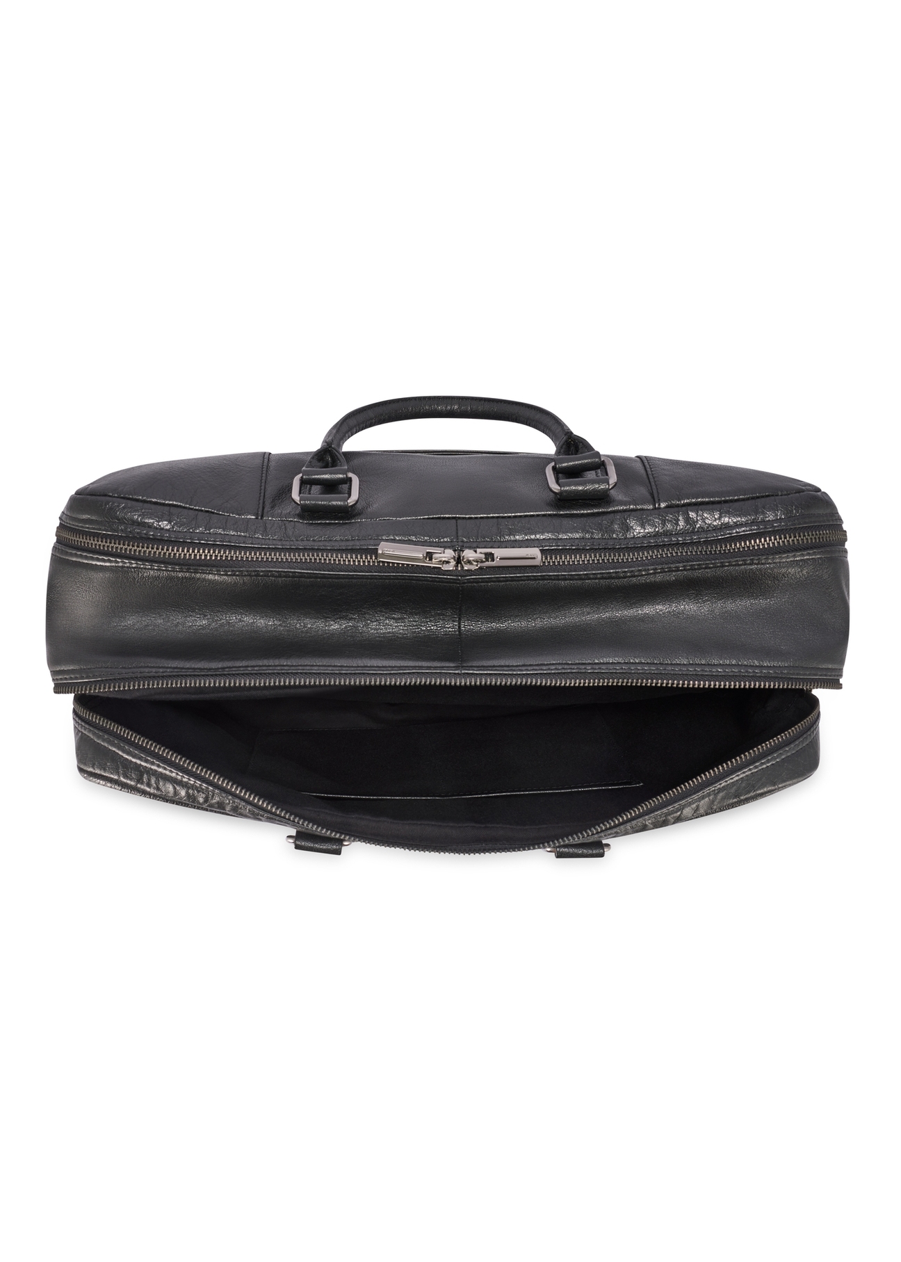 Čierna veľká kožená pánska taška TORMS-0489-99(W26) - pohľad na produkt zhora, na bielom pozadí.