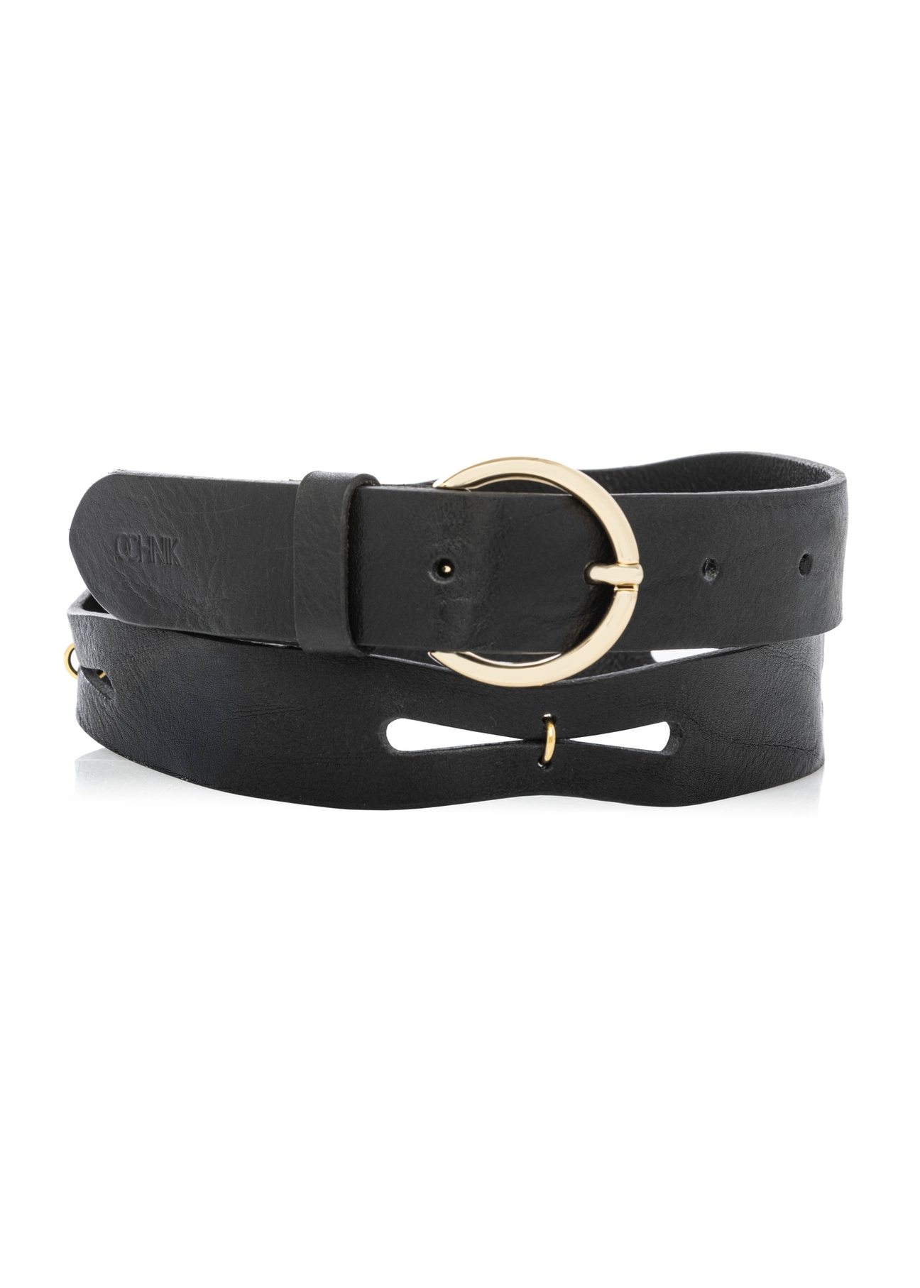 Čierny kožený dámsky opasok PASDS-0342-99(W26) - pohľad spredu na produkt, na bielom pozadí.