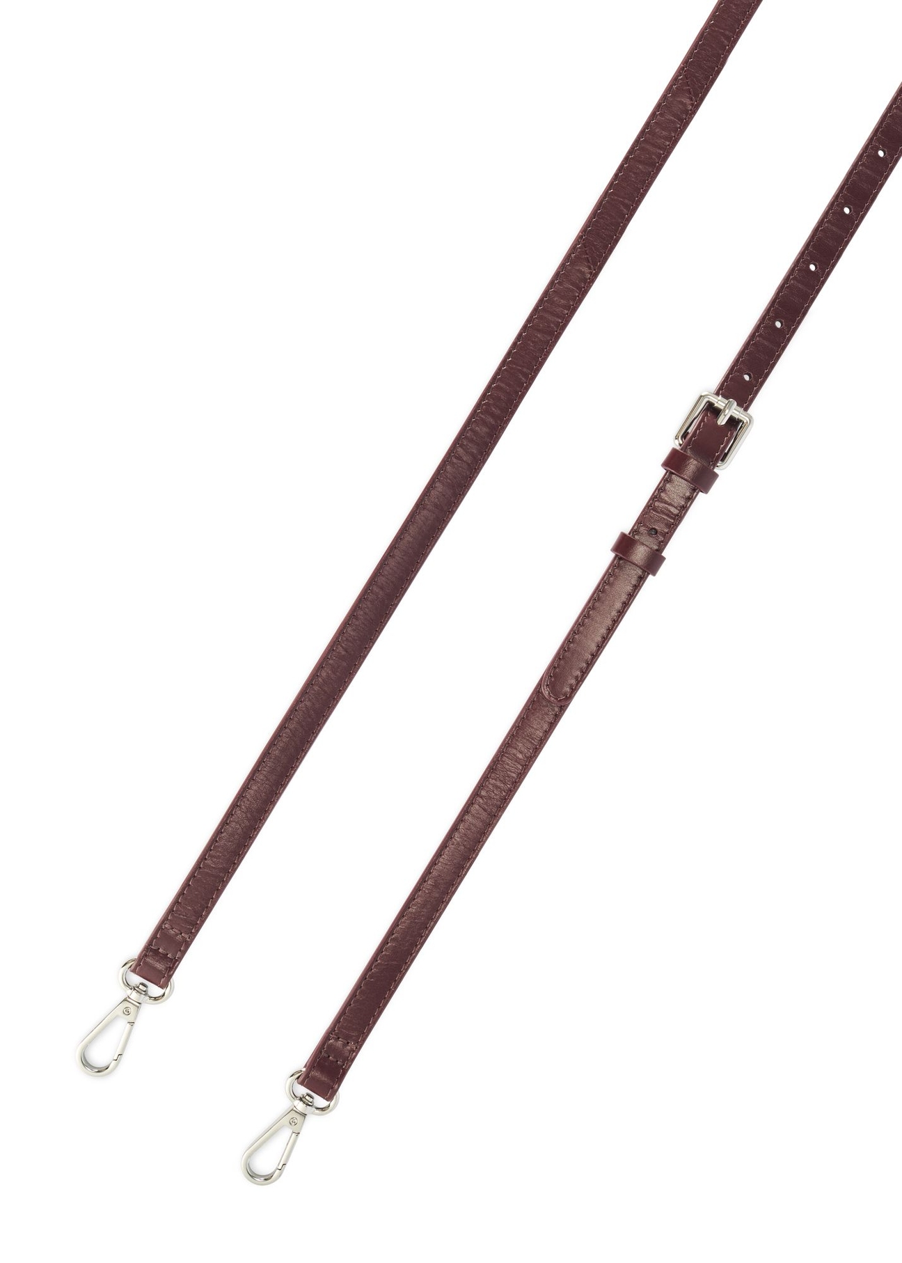 Dámska kožená kabelka v bordovej farbe TORES-1189-49(Z25) - pohľad zhora na popruhy, na bielom podklade.