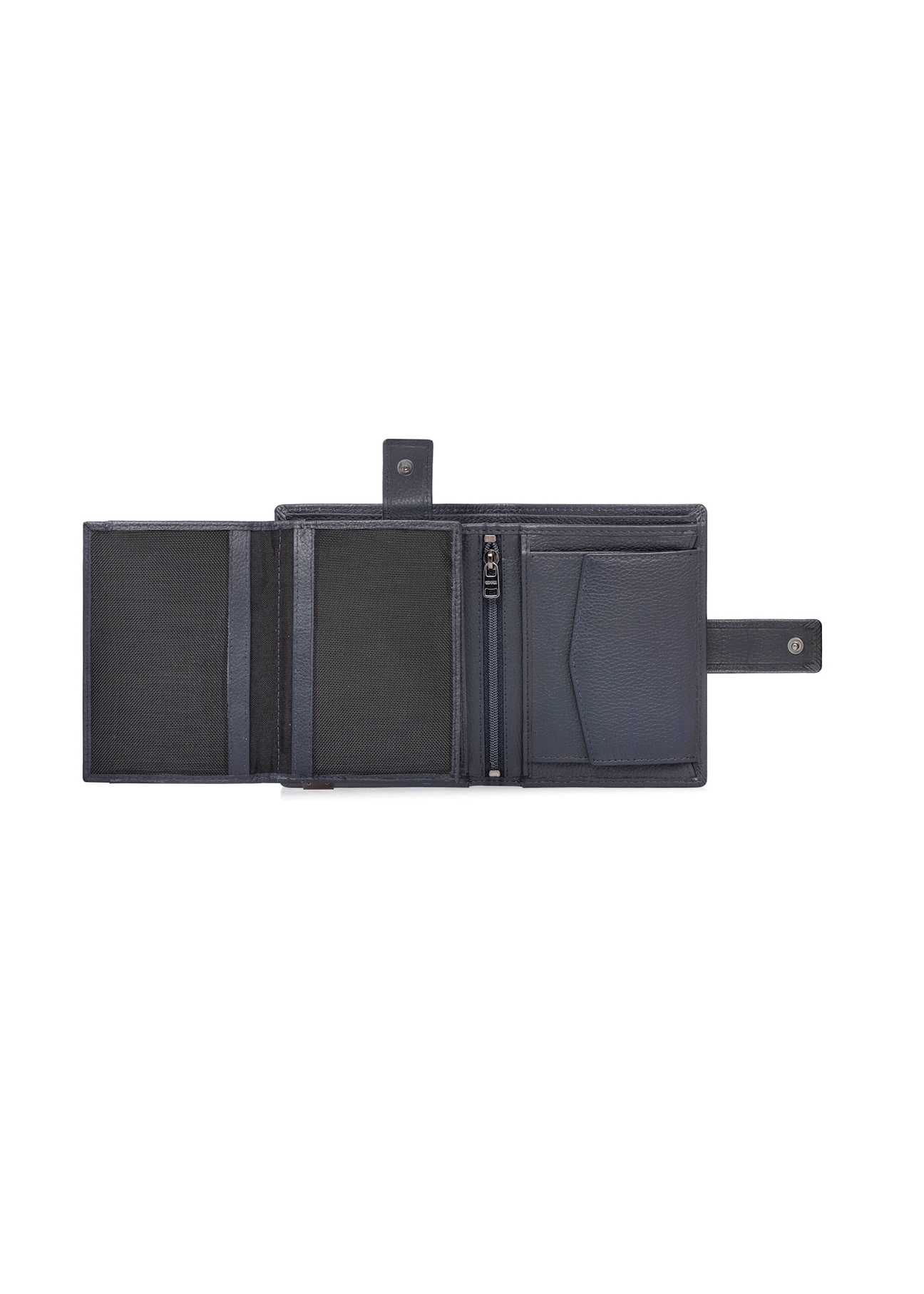 Pánska kožená peňaženka v tmavomodrej farbe PORMS-0695-7E(W26), pohľad na produkt vo vnútri na bielom pozadí.