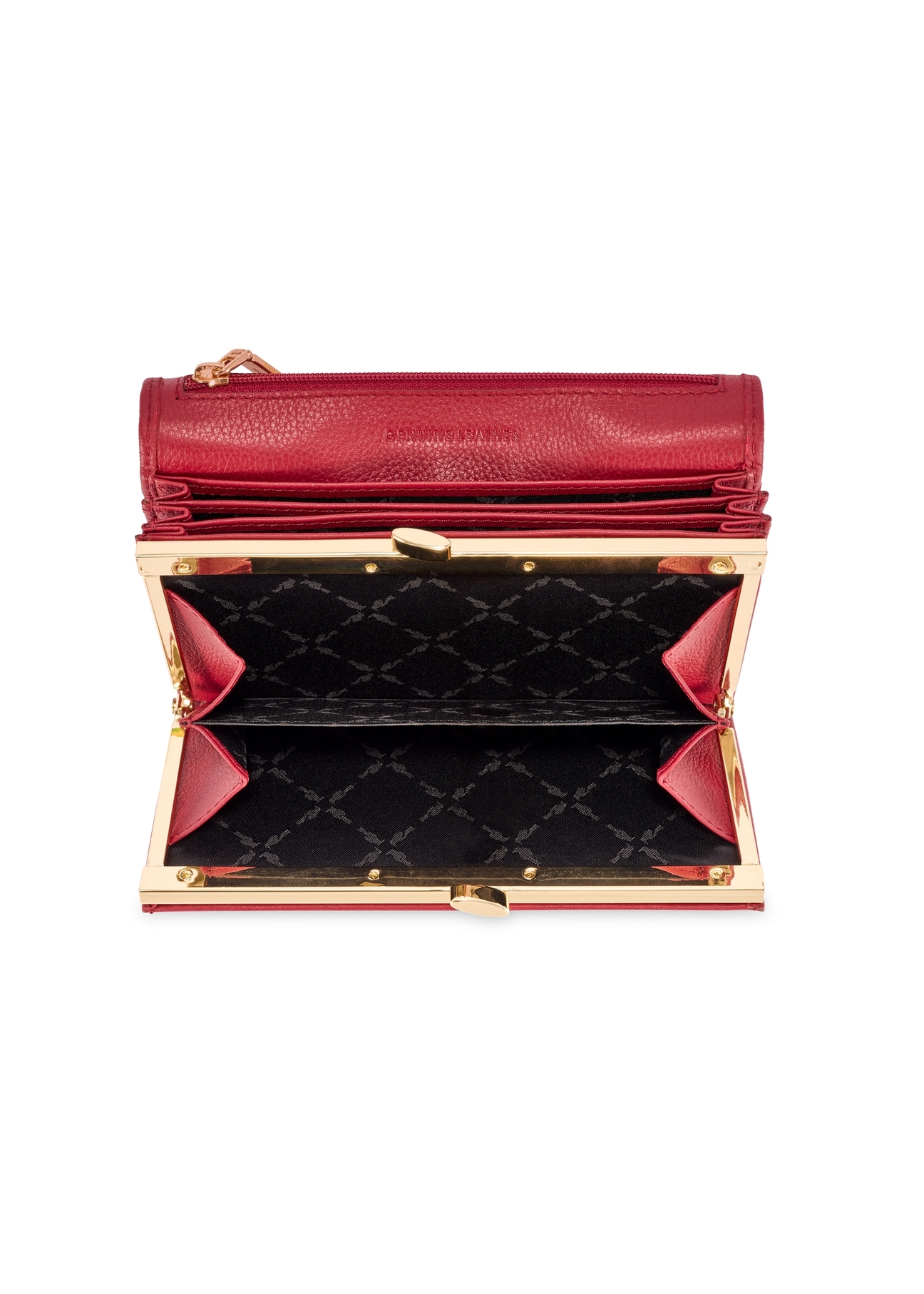 Veľká kožená dámska peňaženka červenej farby PORES-0991-4C(W26), pohľad na produkt zhora na bielom pozadí.