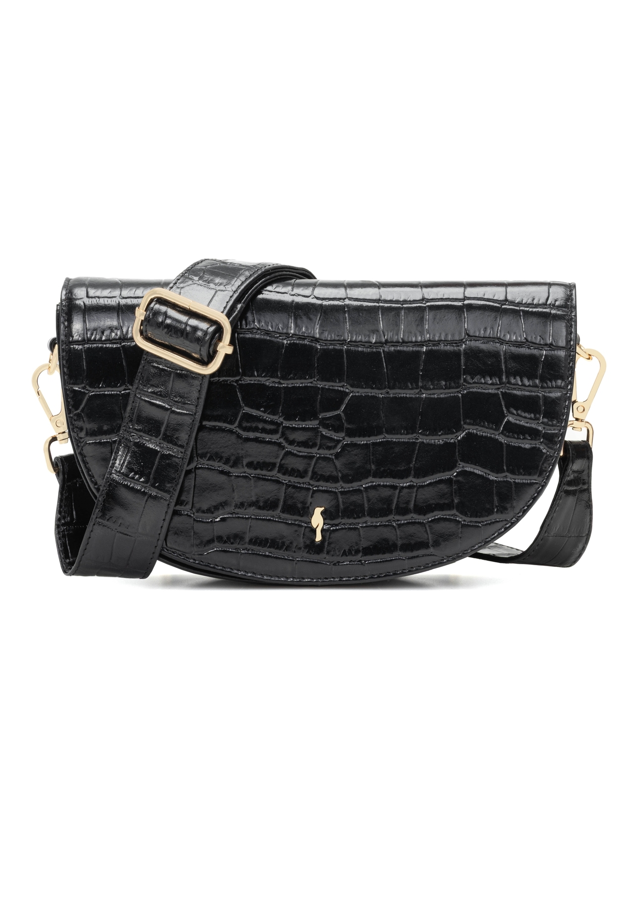 Čierna kožená polkruhová kabelka cez rameno s krokodílím vzorom TORES-1230-9G(W26), pohľad spredu na bielom pozadí.