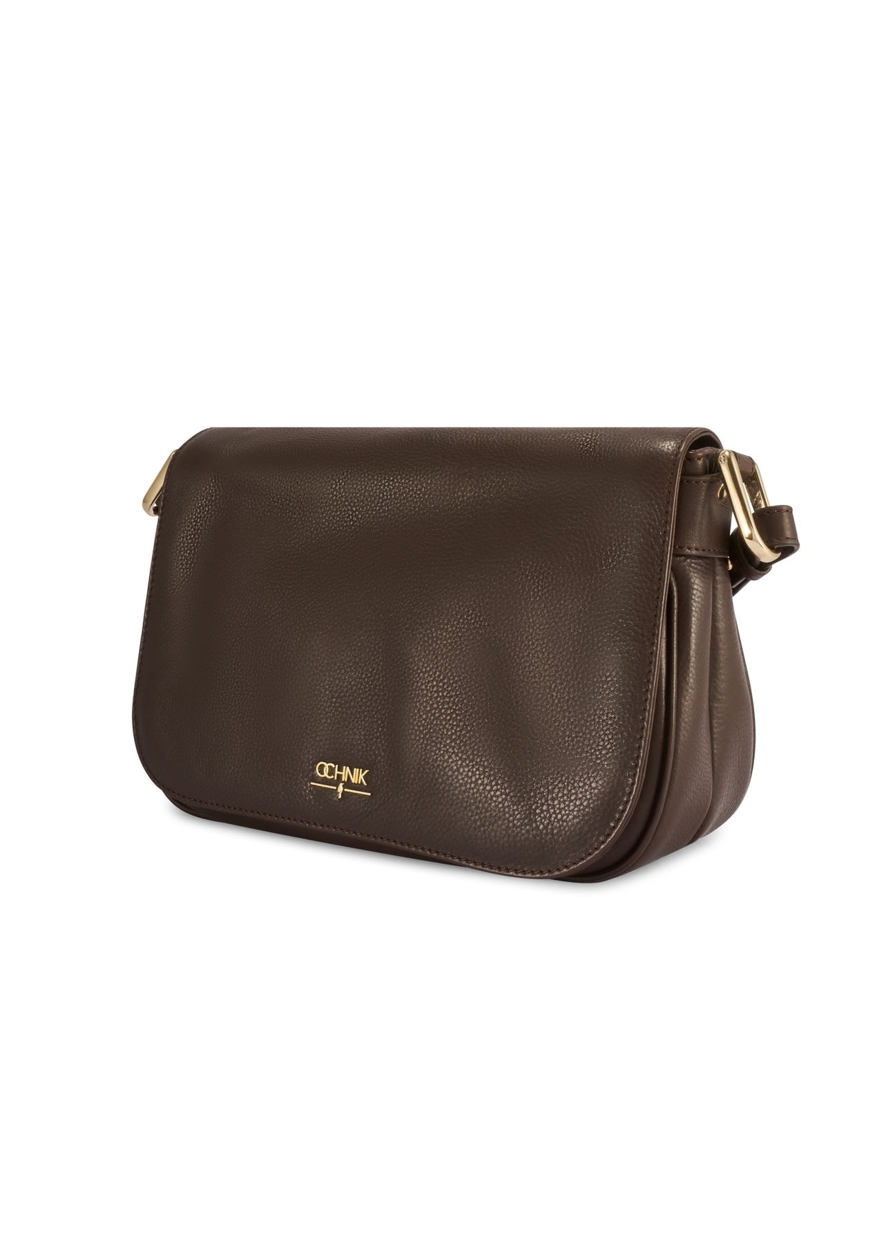 Dámska hnedá kožená taška cez rameno TORES-1253-1I(W26), diagonálny pohľad na produkt na bielom pozadí.