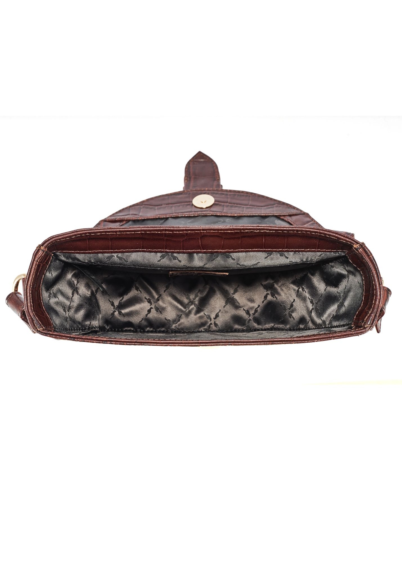 Hnedá kabelka z krokodílej kože TORES-0707F-1H(W26), pohľad na produkt vo vnútri na bielom pozadí.