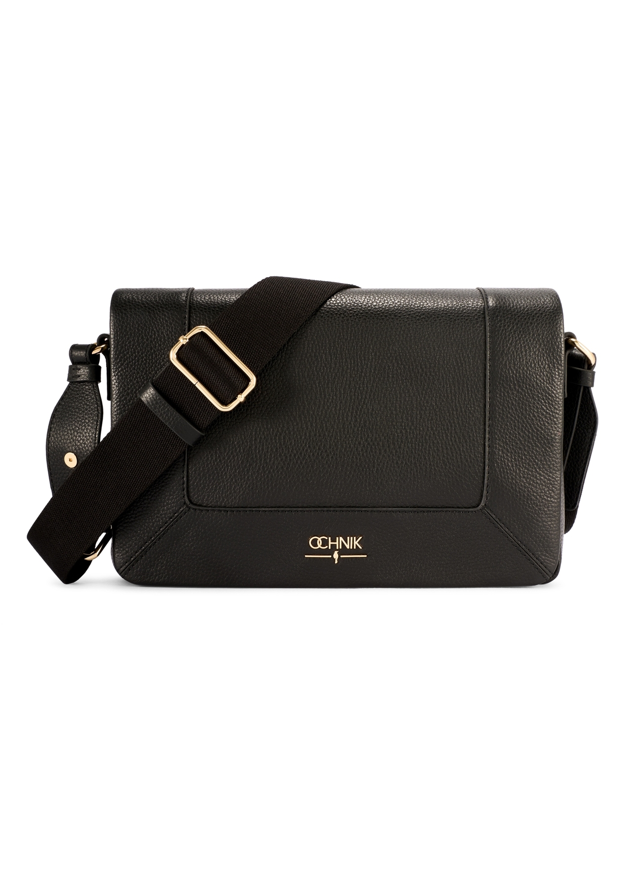 Čierna kožená taška cez rameno TORES-1266-9I(W26) - pohľad spredu na produkt, na bielom pozadí.