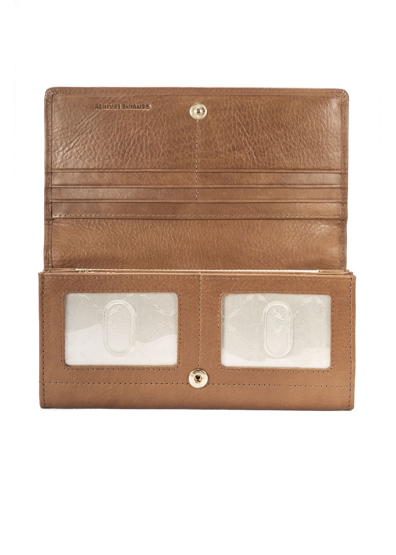 Veľká hnedá kožená dámska peňaženka PORES-0962-1F(W26), pohľad na produkt vo vnútri na bielom pozadí.