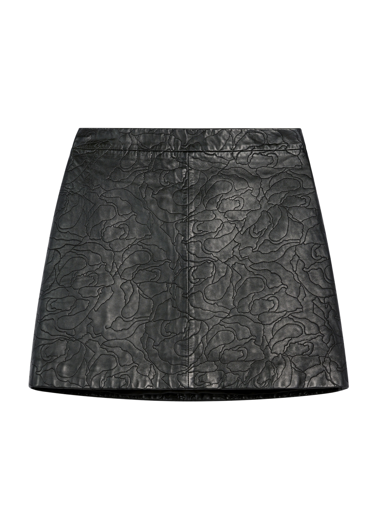 Krátka čierna kožená sukňa SPCDS-0082-99(W26) - pohľad spredu na produkt, na bielom pozadí.