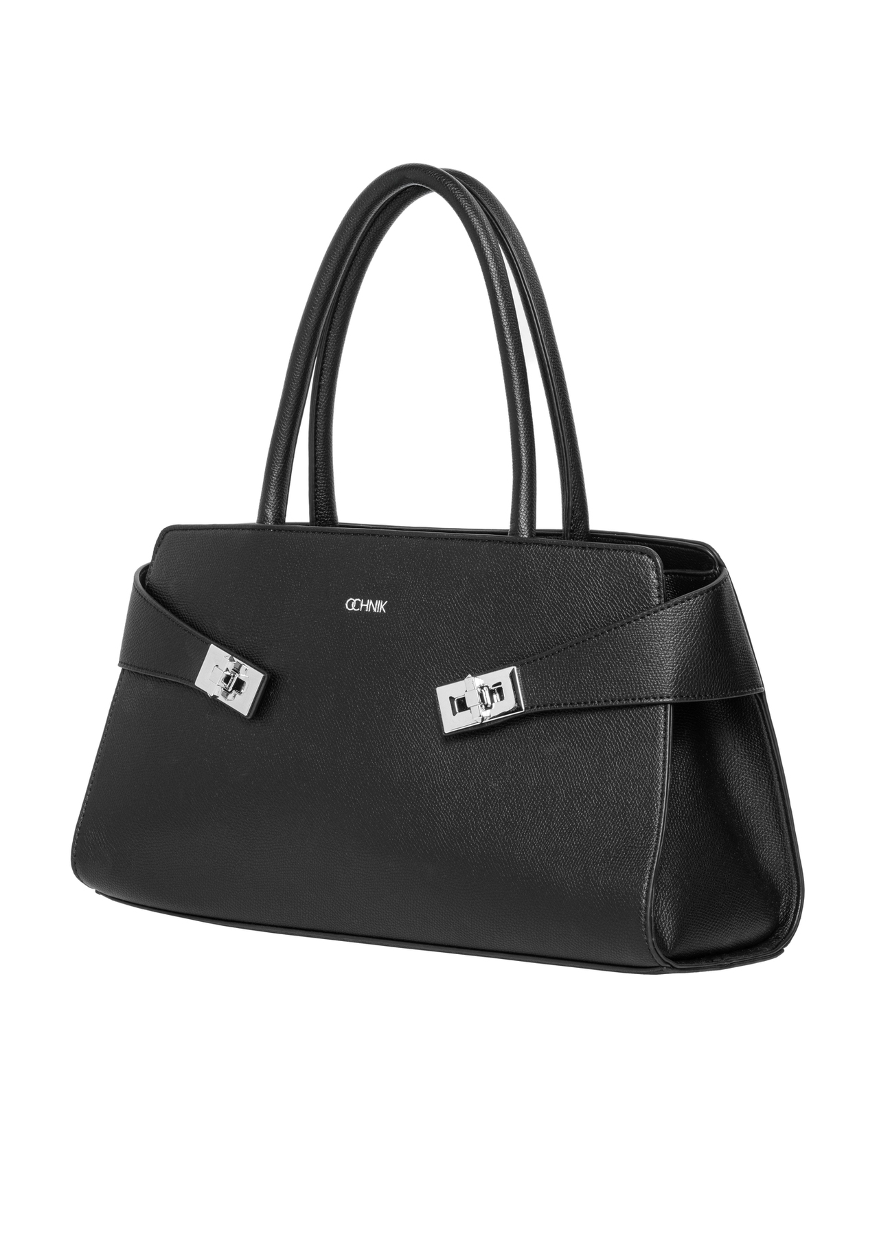 Elegantná čierna dámska kabelka s ozdobnými zapínaniami TOREC-1374-9I(Z26), diagonálny pohľad na produkt na bielom pozadí.