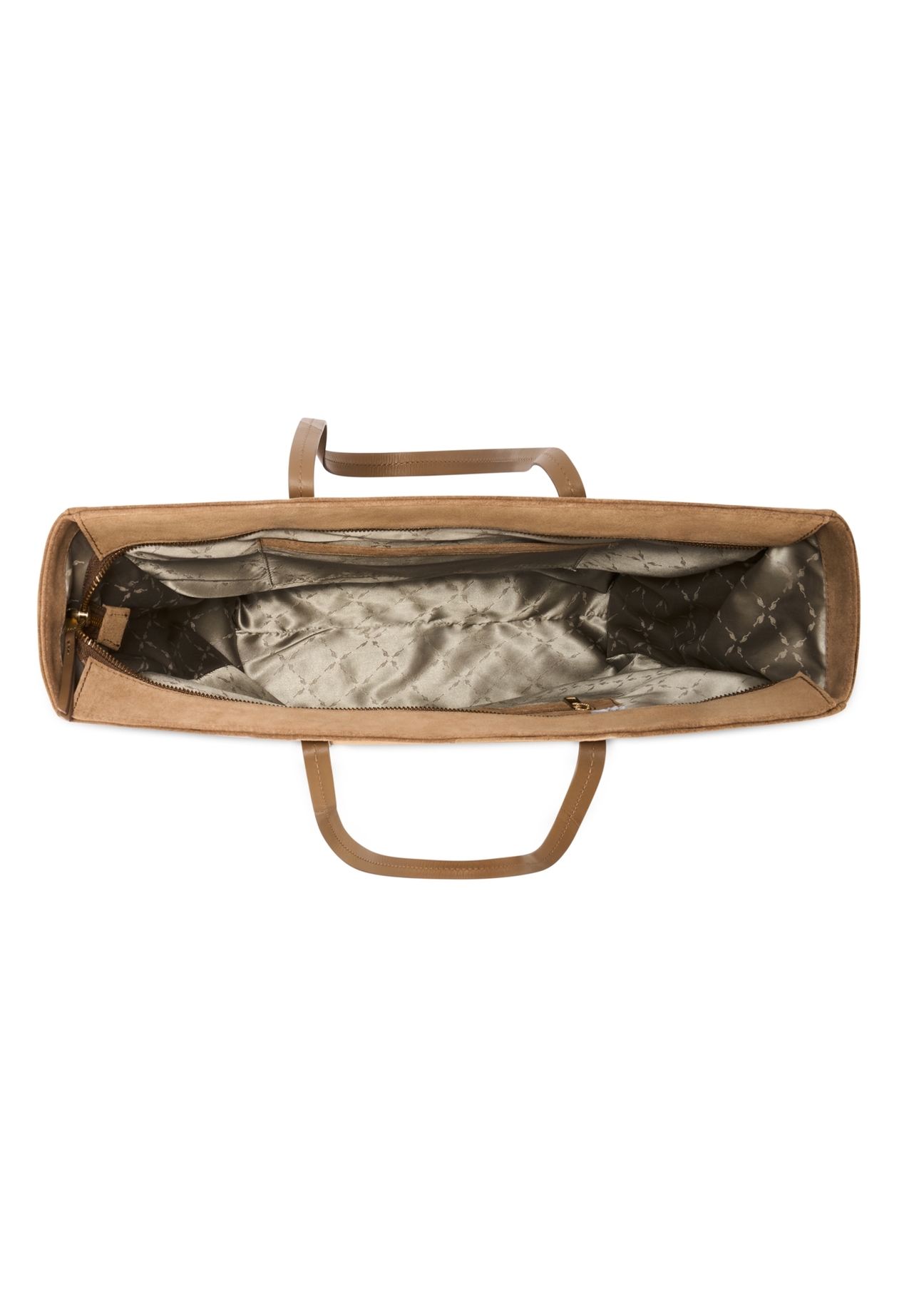 Dámska nákupná taška béžovej farby z semišu TORES-1248-1B(W26) - pohľad na produkt zhora, na bielom pozadí.