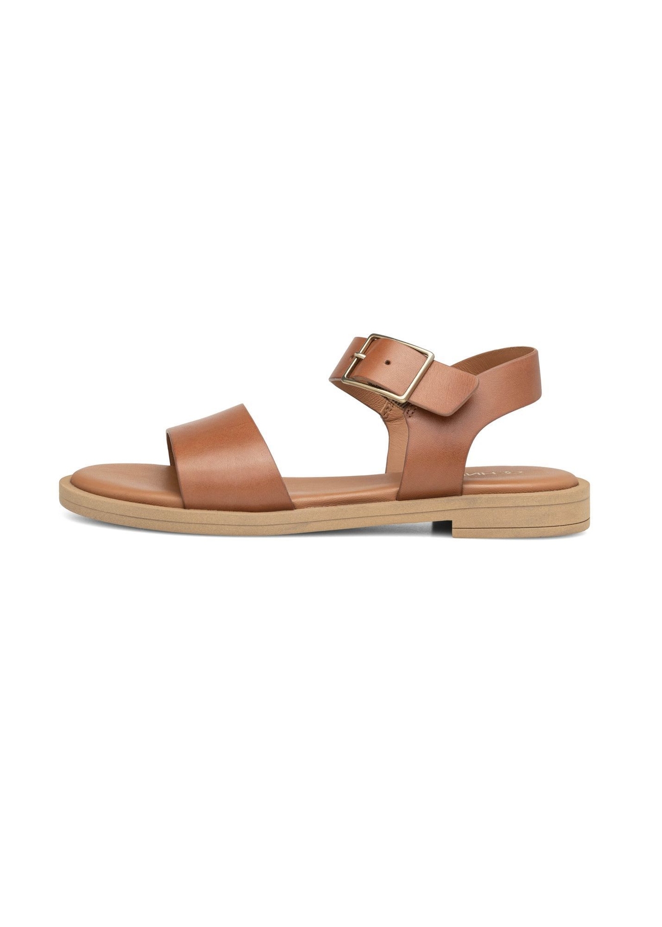 Dámske kožené sandále v koňakovej farbe BUTYD-1263-1F(W26), pohľad na produkt zboku na bielom podklade.
