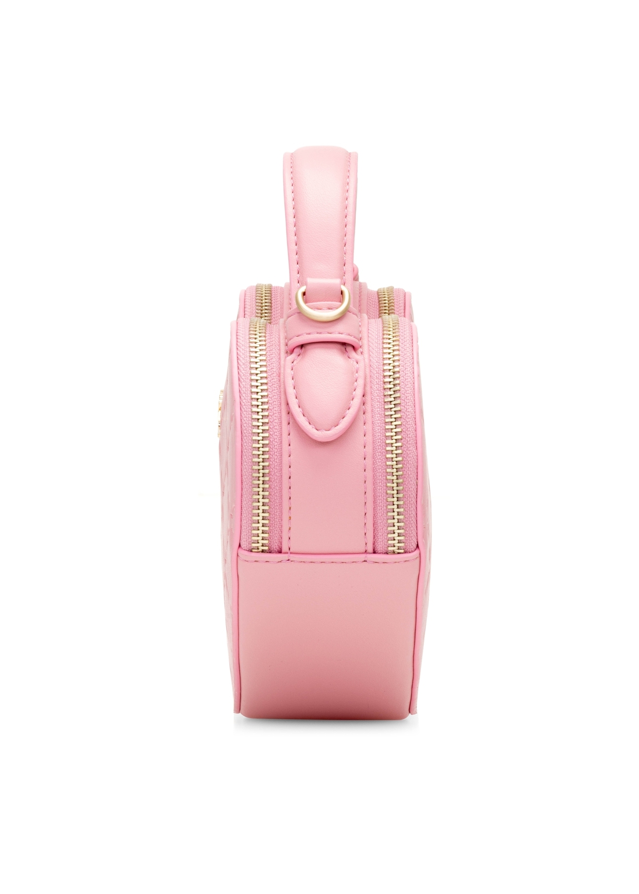 Ružová kabelka v tvare srdca TOREC-1154-5B(W26), pohľad na produkt zboku na bielom pozadí.